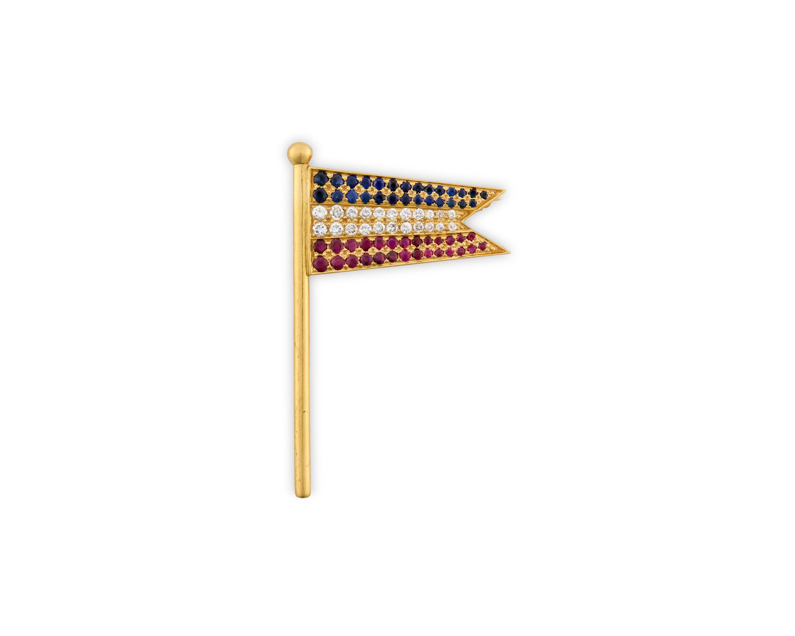 18K Gold, Sapphire, Ruby, and Diamond Flag Brooch: 18K Gold, Sapphire, Ruby, and Diamond Flag Brooch featuring bead-set circle-cut sapphires and rubies and full-cut diamonds; diamonds weighing approx. 0.50 tcw.; 5.99 dwts.; 2 1/8 x 1 3/8 in. 