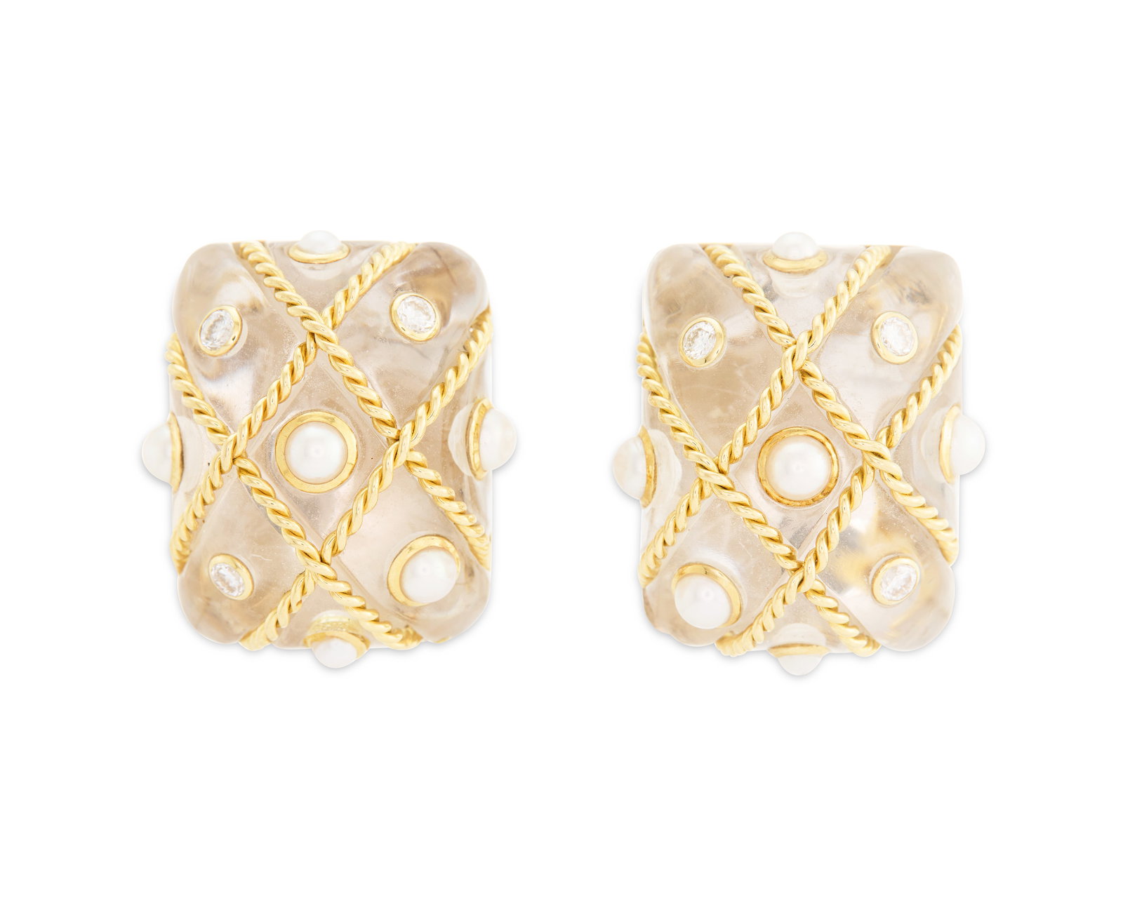 SEAMAN SCHEPPS 18K Gold, Rock Crystal, Diamond, and Cultured Pearl Earclips (1 of 4)