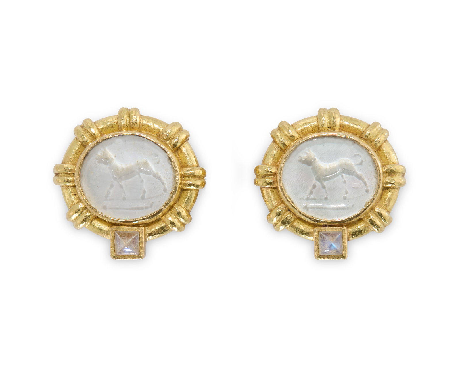 ELIZABETH LOCKE 18K Gold, Mother-of-Pearl, Moonstone, and Glass Intaglio Earrings: ELIZABETH LOCKE 18K Gold, Mother-of-Pearl, Moonstone, and Glass Intaglio Earringseach centering a carved oval glass intaglio depicting a hound framed in fluted and textured gold set with one sugarloaf