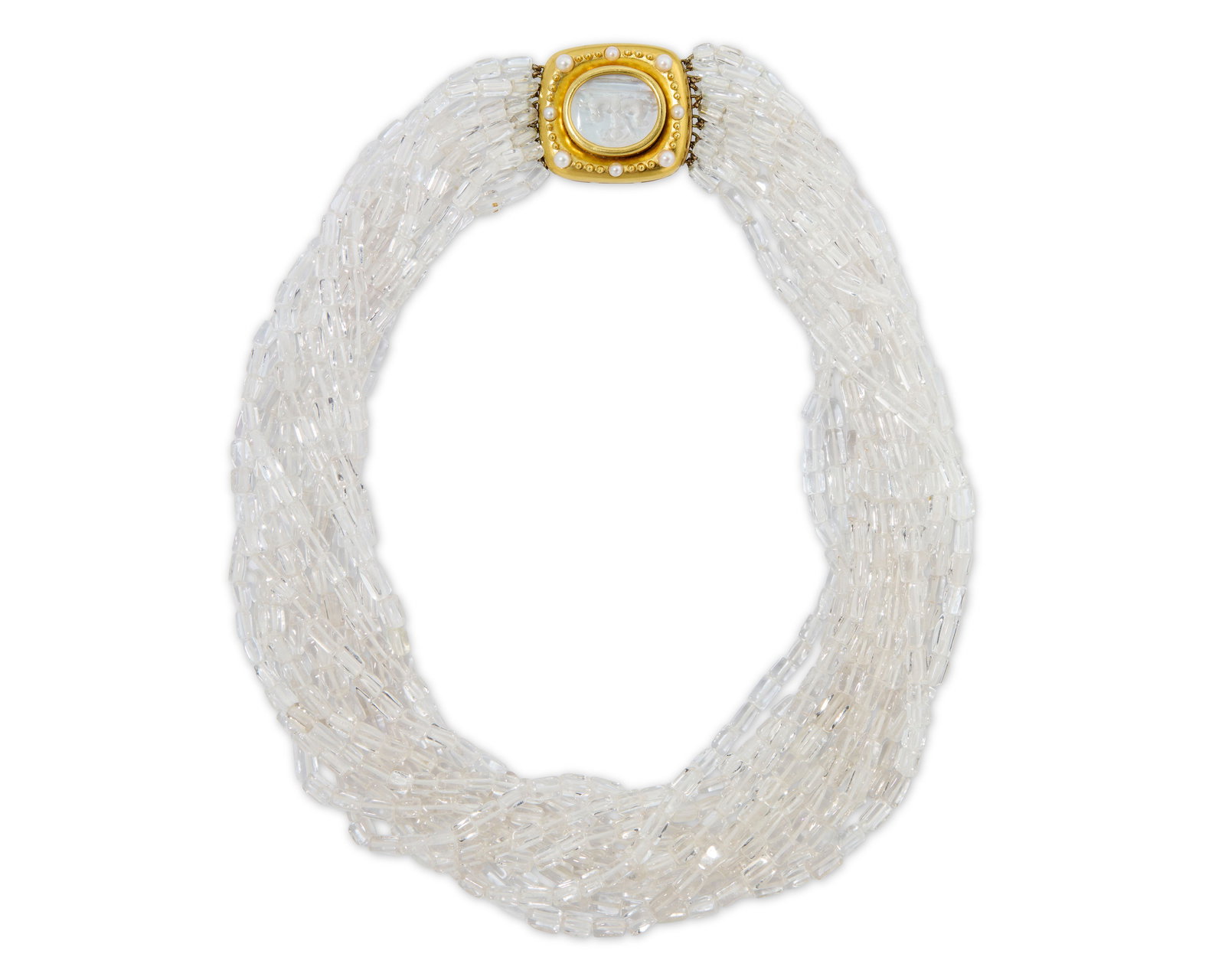 ELIZABETH LOCKE 18K Gold, Quartz, Venetian Glass, Mother-of-Pearl, and Cultured Pearl Necklace: ELIZABETH LOCKE 18K Gold, Quartz, Venetian Glass, Mother-of-Pearl, and Cultured Pearl Necklace featuring 12 strands of rectangular quartz beads completed by a yellow gold clasp centering a Venetian