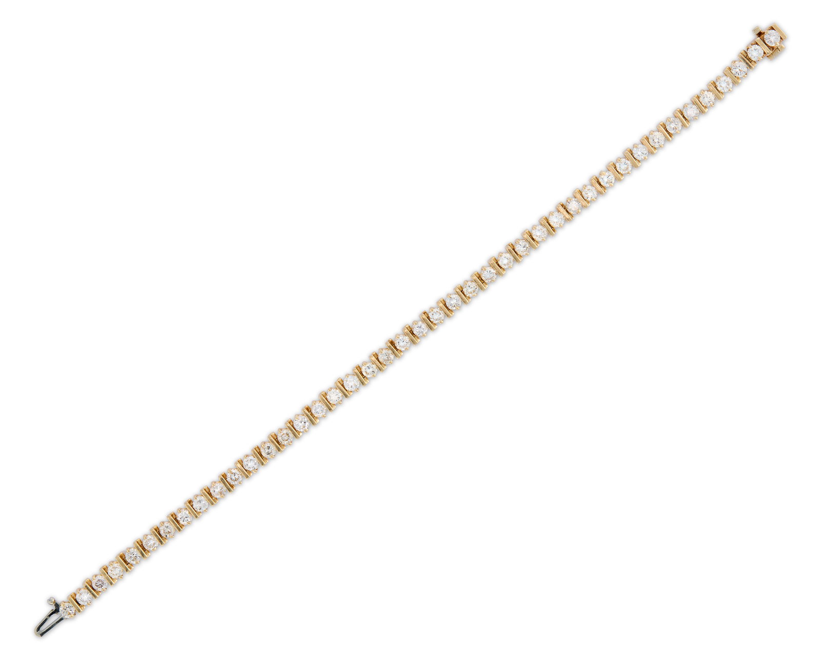 14K Gold and Diamond Line Bracelet: 14K Gold and Diamond Line Bracelet featuring 43 bar- and prong-set round brilliant-cut diamonds weighing approx. 3.80 tcw.; 8.52 dwts.; lg. 7 1/8 in. Provenance: Private Connecticut Collection.