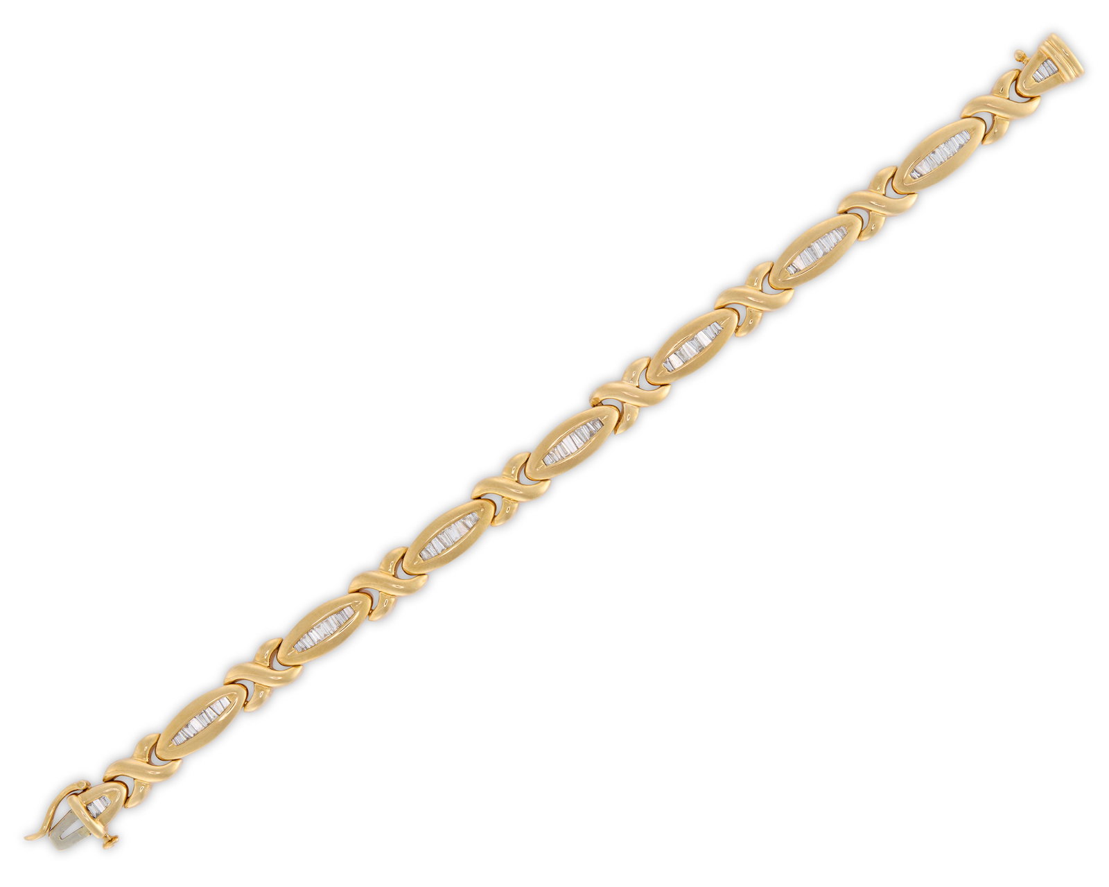 18K Gold and Diamond Bracelet: 18K Gold and Diamond Bracelet the contemporary line bracelet featuring alternating X-form gold links and oval shaped links channel-set with baguette-cut diamonds; diamonds weighing approx. 1.50 tcw.;