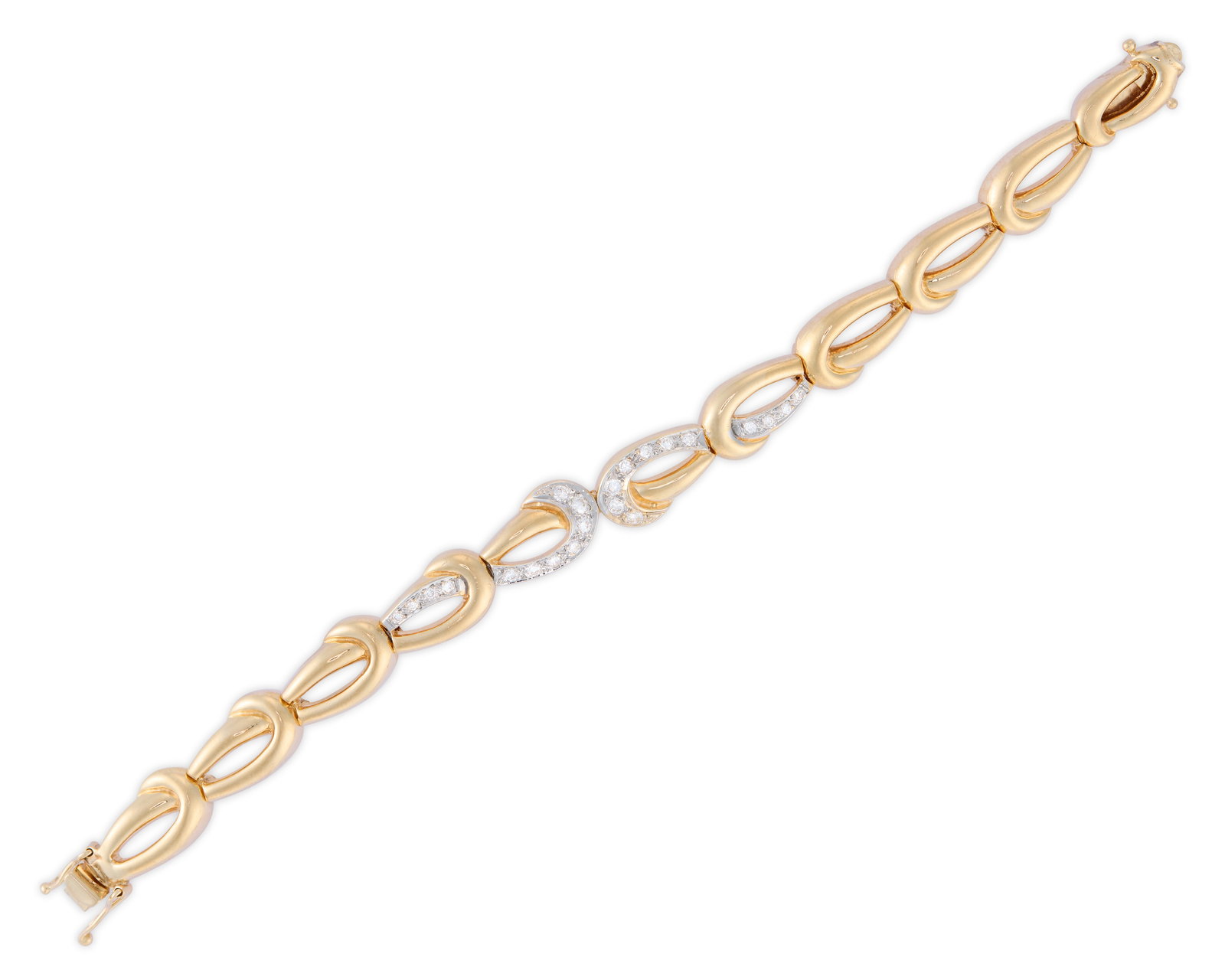 14K Gold and Diamond Bracelet: 14K Gold and Diamond Braceletfeaturing fancy oval-links and accented by bead-set full-cut diamonds weighing approx. 0.65 tcw.; 17.84 dwts.; lg. 7 in.Provenance: By descent to the Collection of a Marbl