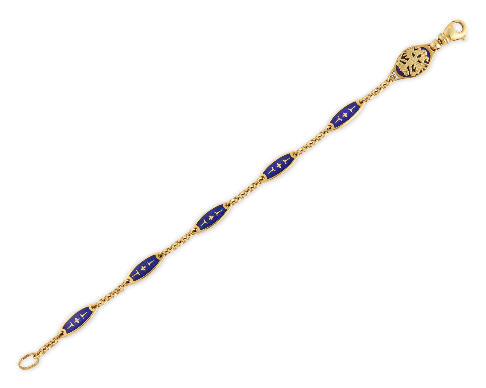 FABERGE 18K Gold and Enamel Bracelet: FABERGE 18K Gold and Enamel Braceletfeaturing blue enamel and gold decorated oval-links and one blue enamel link with applied gold decoration; signed and numbered Faberge 32/500; 8.22 dwts.; lg. 7 in.