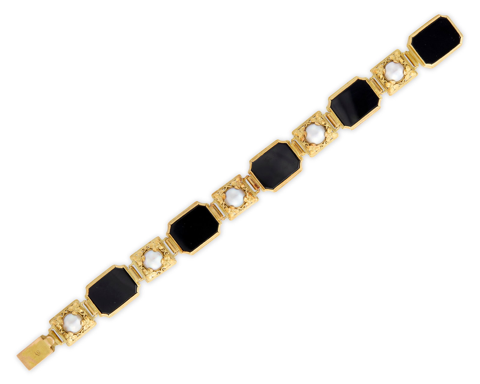 EDWARD OAKES 14K Gold, Onyx, and Mabe Pearl Bracelet (1 of 3)