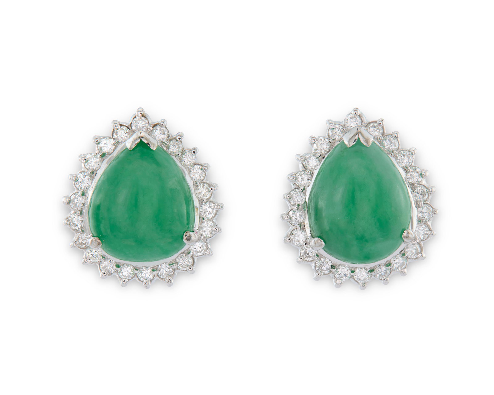18K Gold, Jadeite, and Diamond Earclips: 18K Gold, Jadeite, and Diamond Earclipseach featuring a pear-shaped jadeite measuring approx. 12.0 x 10.0 mm. framed by full-cut diamonds weighing approx. 0.44 tcw.; diamonds weighing approx. 0.88 tcw