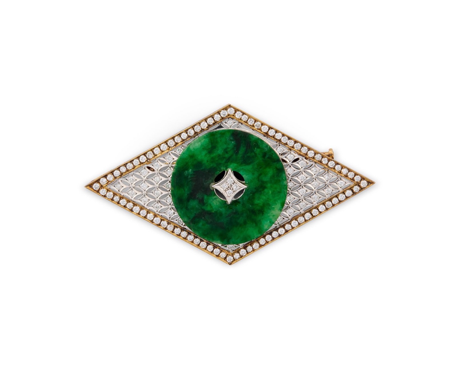 14K Gold, Jadeite, and Diamond Brooch: 14K Gold, Jadeite, and Diamond Brooch the open-work geometric brooch centering a jadeite disc measuring approx. 26 x 25 mm. framed by pave-set full-cut diamonds weighing approx. 1.22 tcw.; 8.64