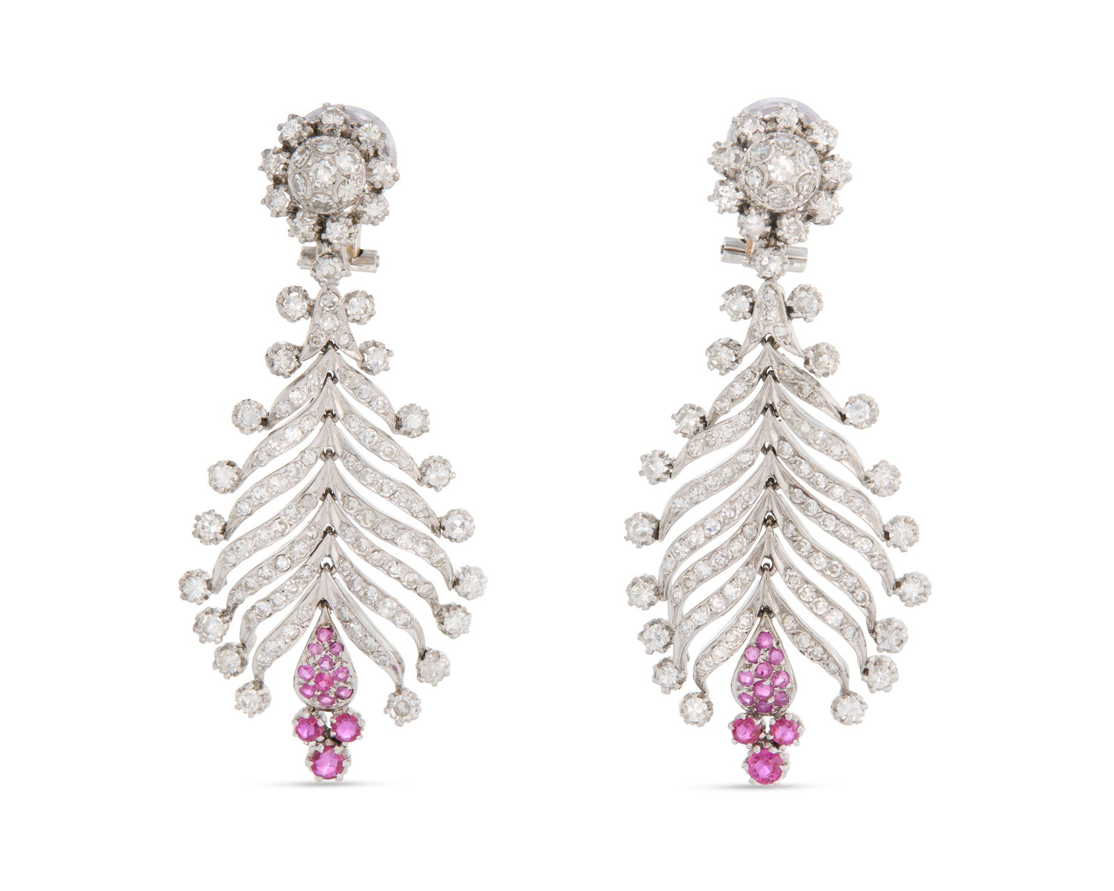 14K Gold, Diamond, and Ruby Earclips: 14K Gold, Diamond, and Ruby Earclipsthe pendant earclips of articulated feather-design set throughout with prong- and bead-set single-cut diamonds accented by a cluster of circle-cut rubies; diamonds