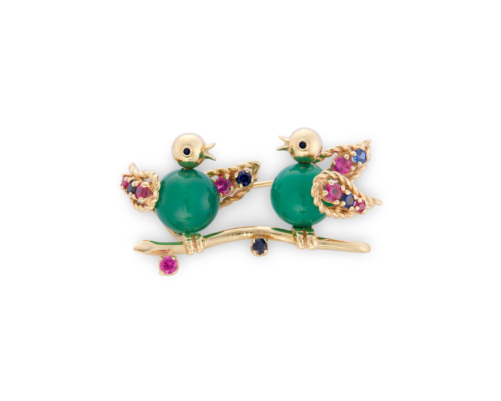 14K Gold, Chrysoprase, and Gemset Bird Brooch (1 of 3)