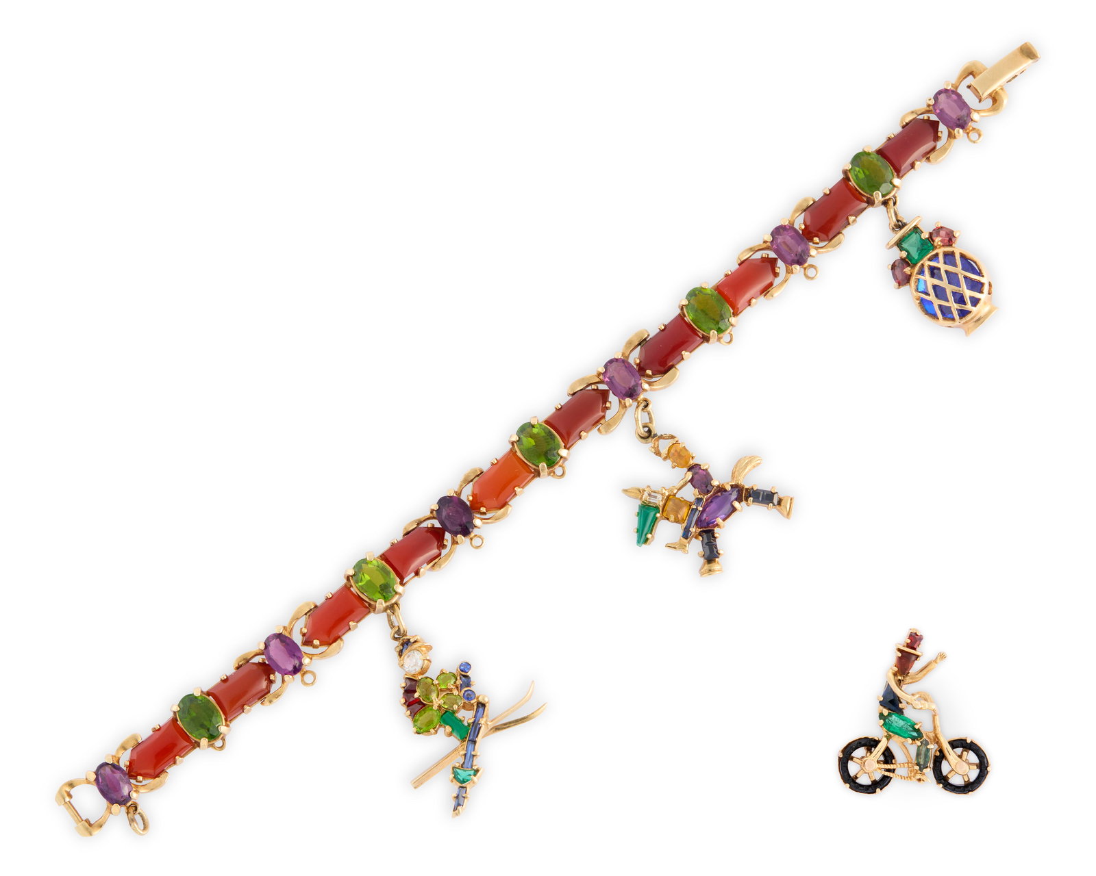 14K Gold, Carnelian, and Gemset Bracelet: 14K Gold, Carnelian, and Gemset Braceletthe line bracelet featuring carnelian links separated by oval-cut peridot and amethysts suspending three gemset charms; together with a tie-pin featuring one of