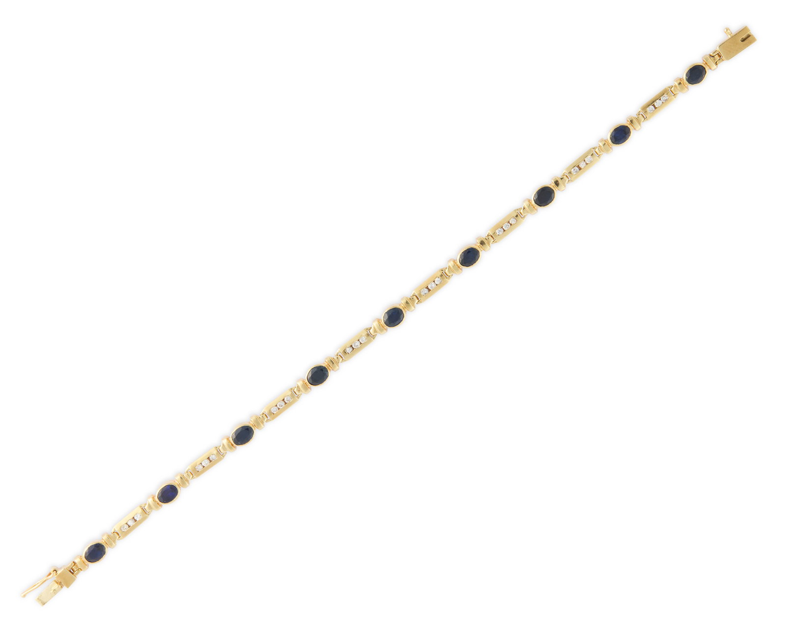 14K Gold, Sapphire, and Diamond Bracelet: 14K Gold, Sapphire, and Diamond Bracelet featuring alternating stations of bezel-set oval-cut sapphires and channel-set full-cut diamonds; sapphires weighing approx. 1.35 tcw.; diamonds weighing