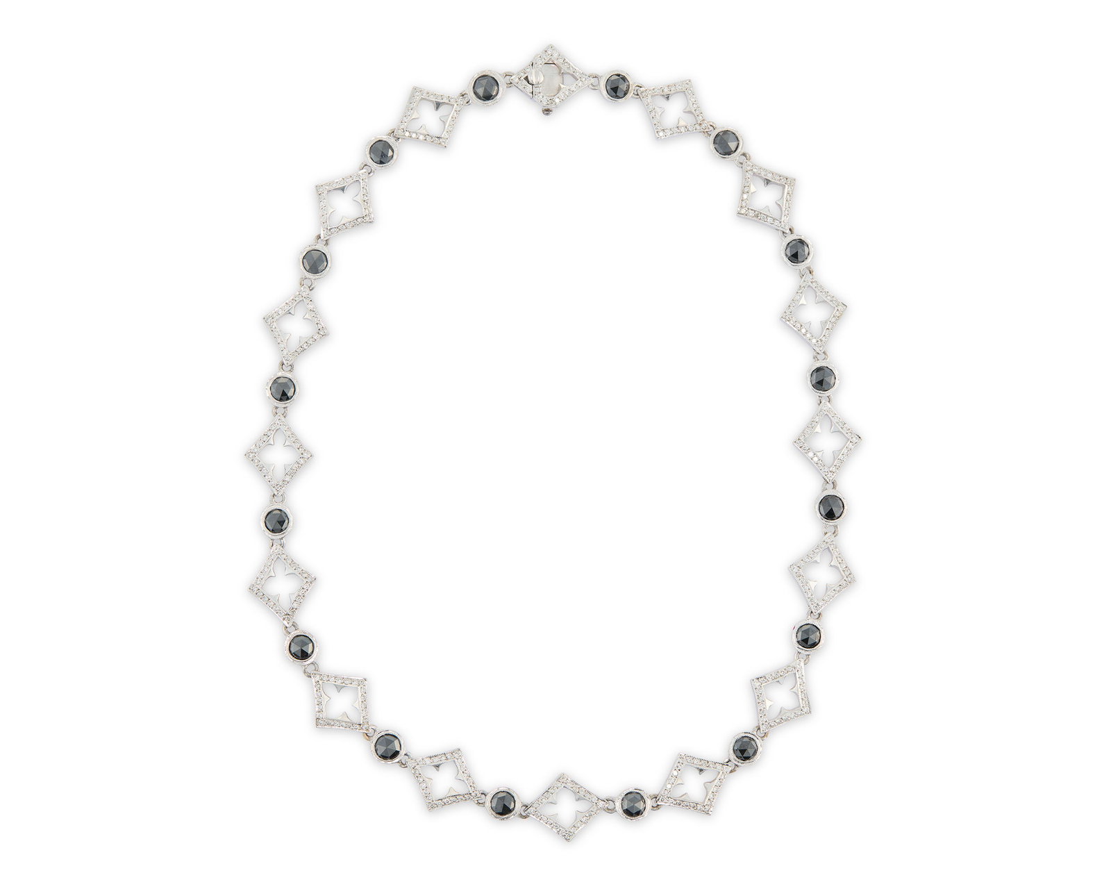 18K Gold, Colored Diamond, and Diamond Necklace: 18K Gold, Colored Diamond, and Diamond Necklace featuring alternating links of bezel-set rose-cut black diamonds and open-work diamond-form links pave-set with full-cut diamonds; black diamonds