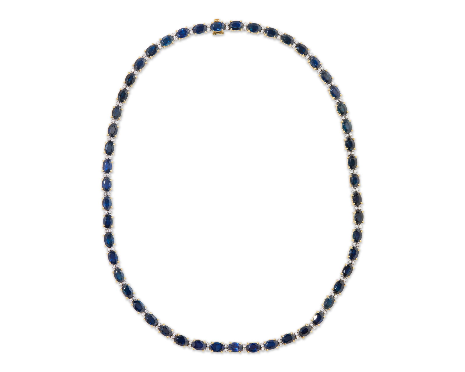 18K Gold, Sapphire, and Diamond Necklace: 18K Gold, Sapphire, and Diamond Necklace the line-form necklace prong-set throughout with oval-cut sapphires each weighing approx. 0.55 ct. alternating with full-cut diamonds; sapphires weighing