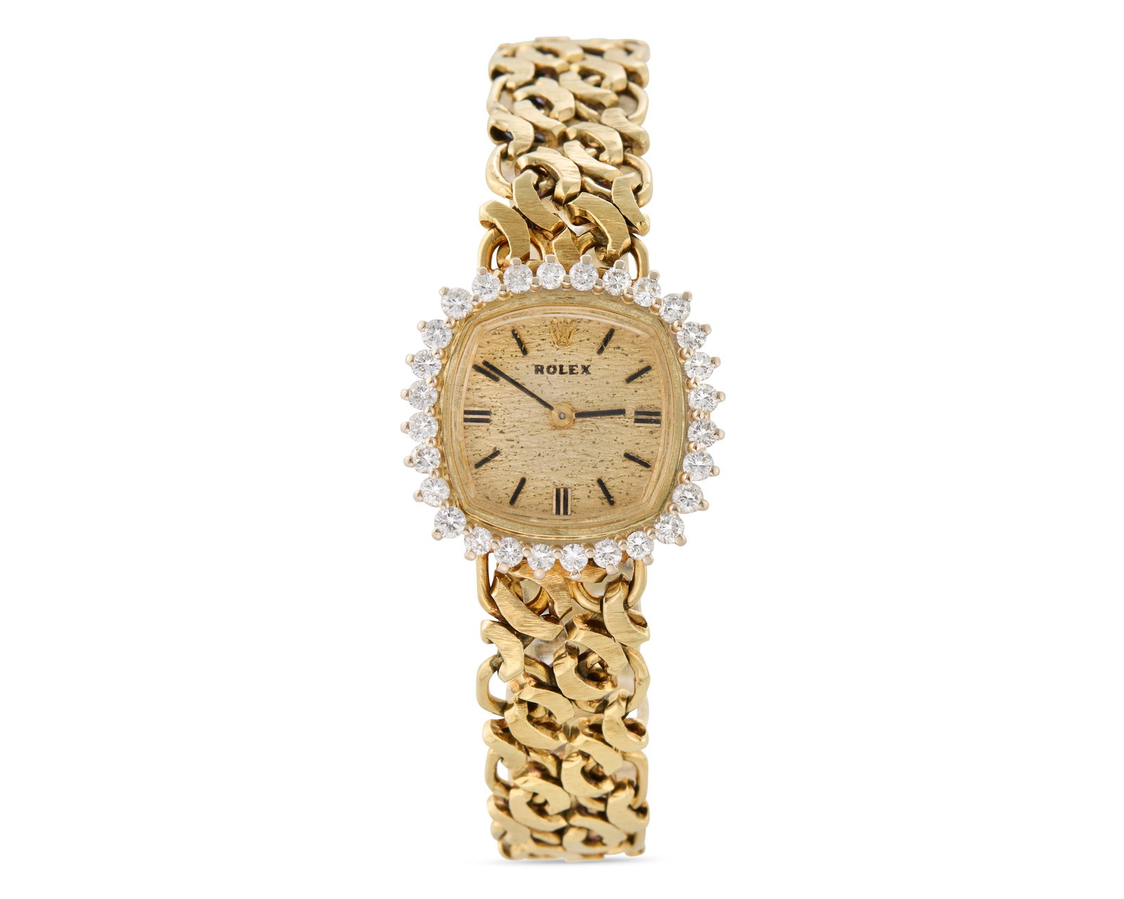 ROLEX 14K Gold and Diamond Wristwatch: ROLEX 14K Gold and Diamond Wristwatchthe square gold dial with applied baton numeral indicators; enclosing a manual-wind movement; signed on dial and clasp; bezel prong-set with full-cut diamonds weig