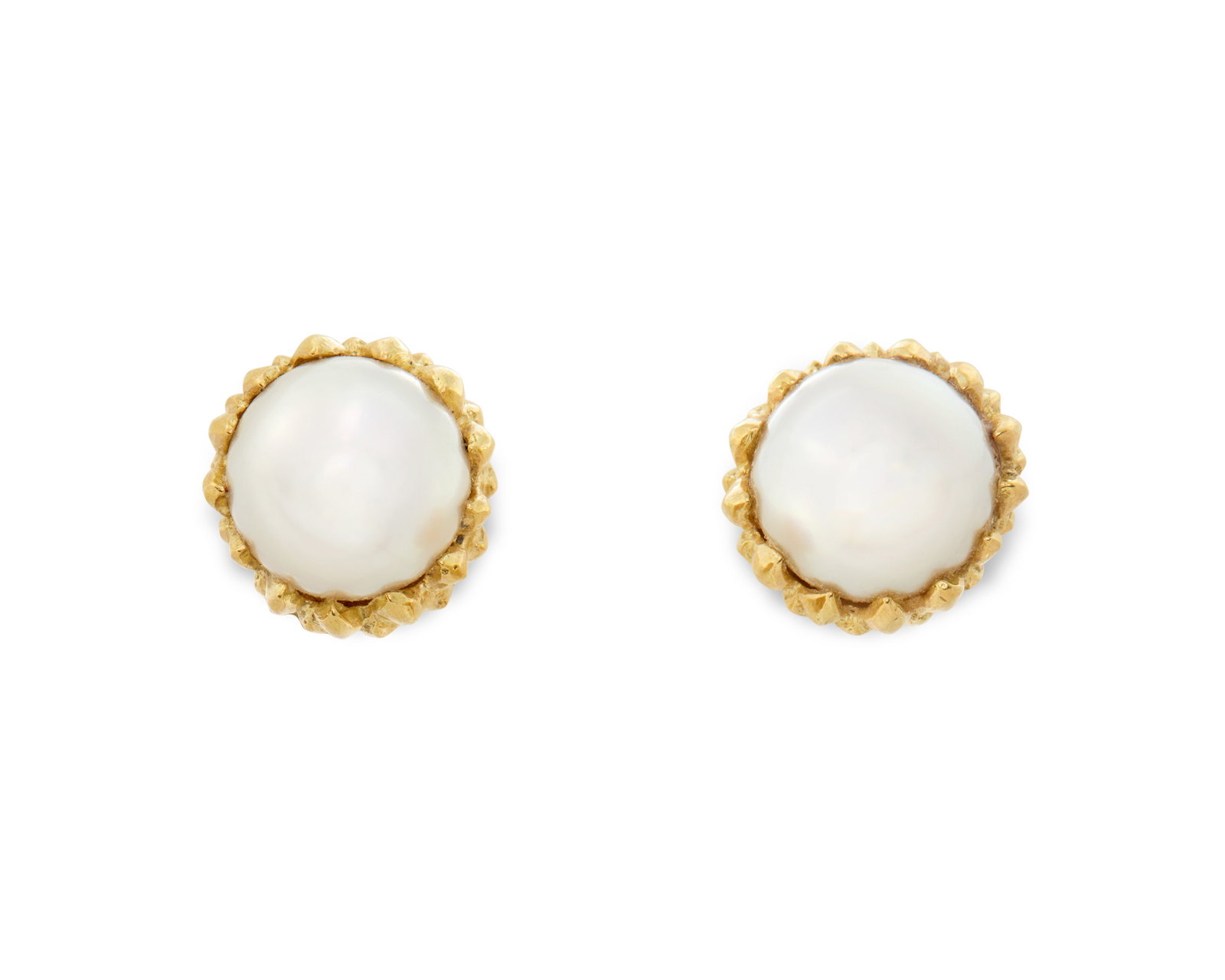 TIFFANY & CO. 18K Gold and Cultured Pearl 'Acorn' Earrings: TIFFANY & CO. 18K Gold and Cultured Pearl 'Acorn' Earrings each featuring a cultured pearl framed by textured yellow gold; signed faintly T&Co.; 2.99 dwts.; dia. 3/8 in.
