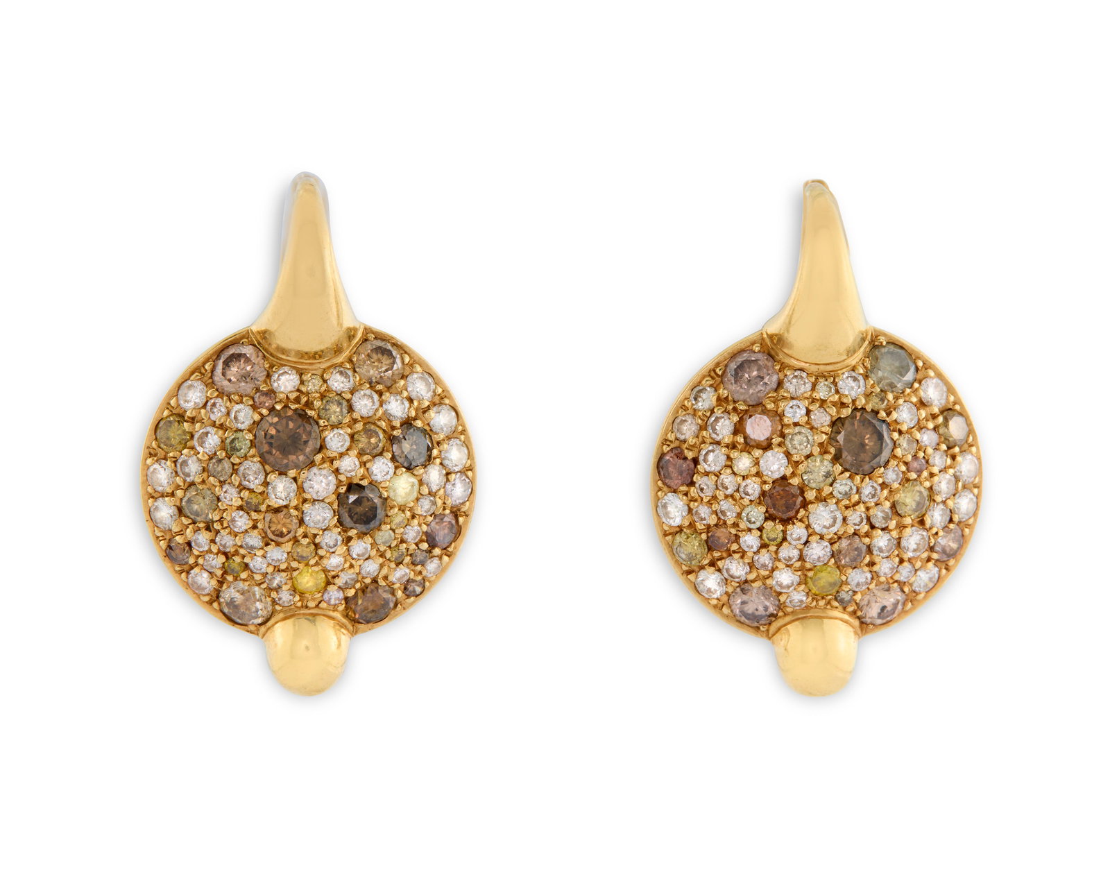 POMELLATO 18K Gold, Colored Diamond, and Diamond Earrings: POMELLATO 18K Gold, Colored Diamond, and Diamond Earrings the pendant disc-form earrings featuring pave-set full-cut white, brown, and yellowish brown diamonds weighing approx. 1.90 tcw.; 6.32 dwts.;