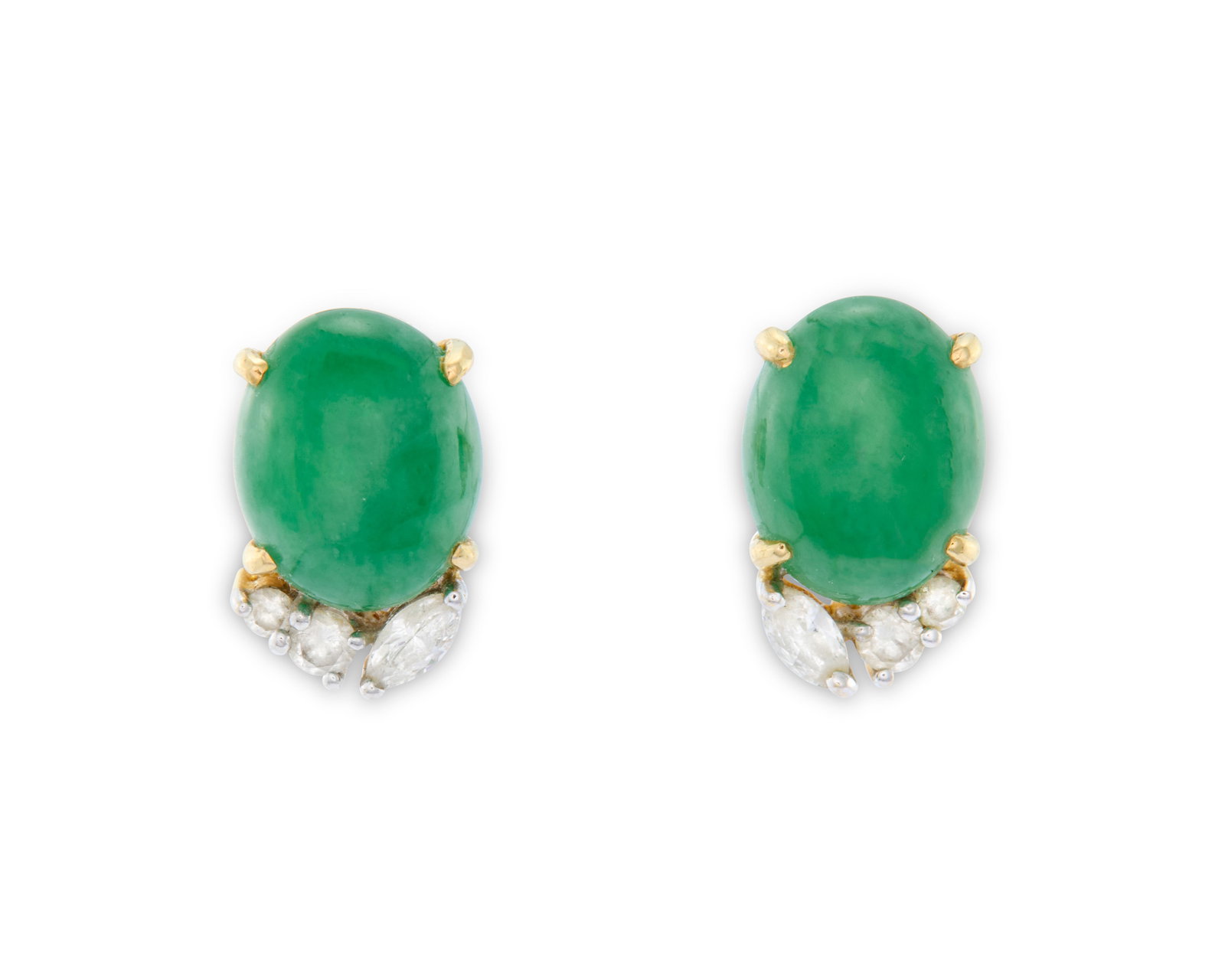 18K Gold, Chrysoprase, and Diamond Earrings: 18K Gold, Chrysoprase, and Diamond Earrings each stud earring featuring an oval chrysoprase bead accented by one marquise- and two full-cut diamonds; 3.40 dwts.; lg. 1/2 in.