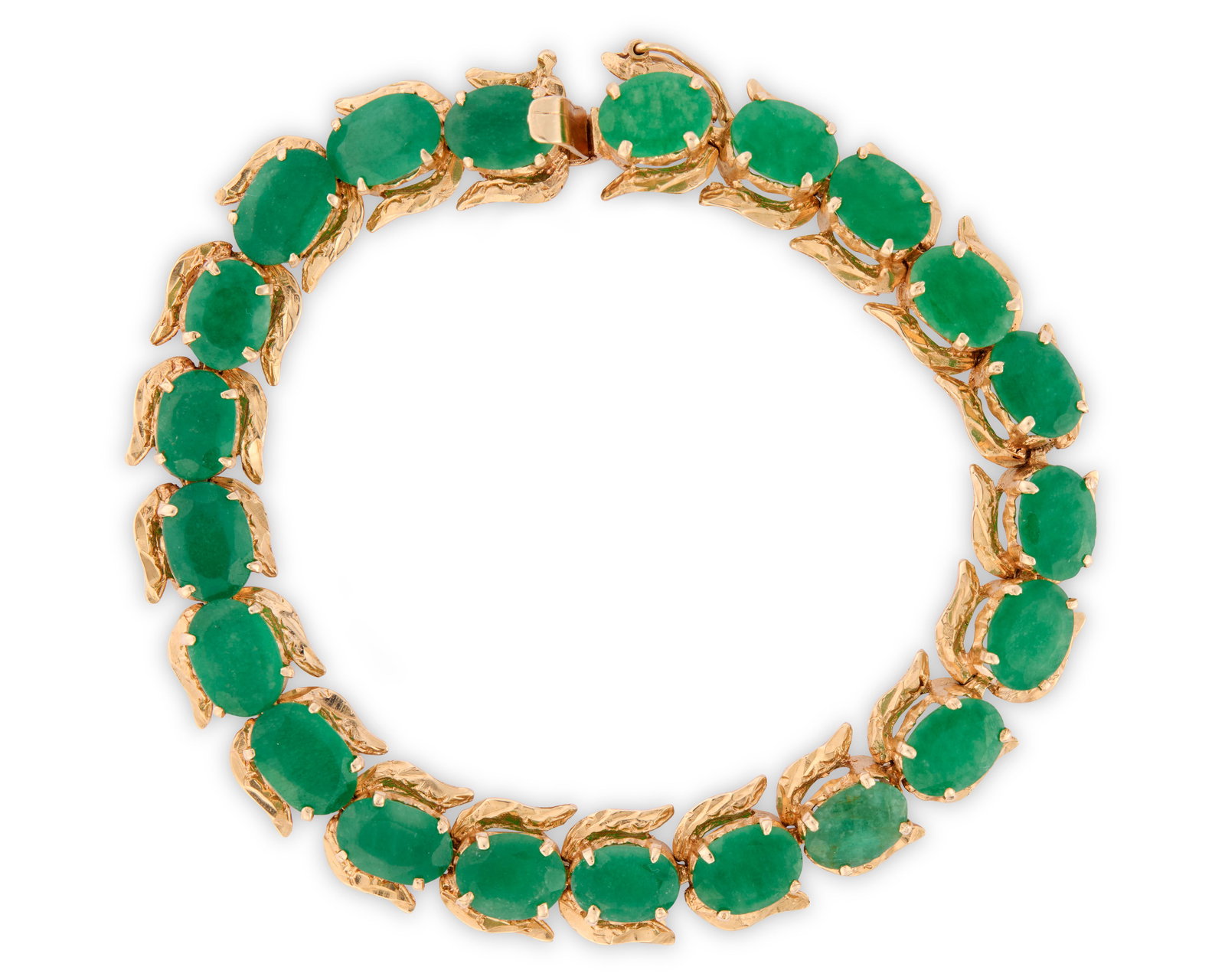 14K Gold and Emerald Bracelet: 14K Gold and Emerald Bracelet the line bracelet featuring 21 prong-set oval-cut emeralds weighing approx. 18.90 tcw. completed by a fluted yellow-gold mount; hand numbered 236510; 12.77 dwts.; lg. 7