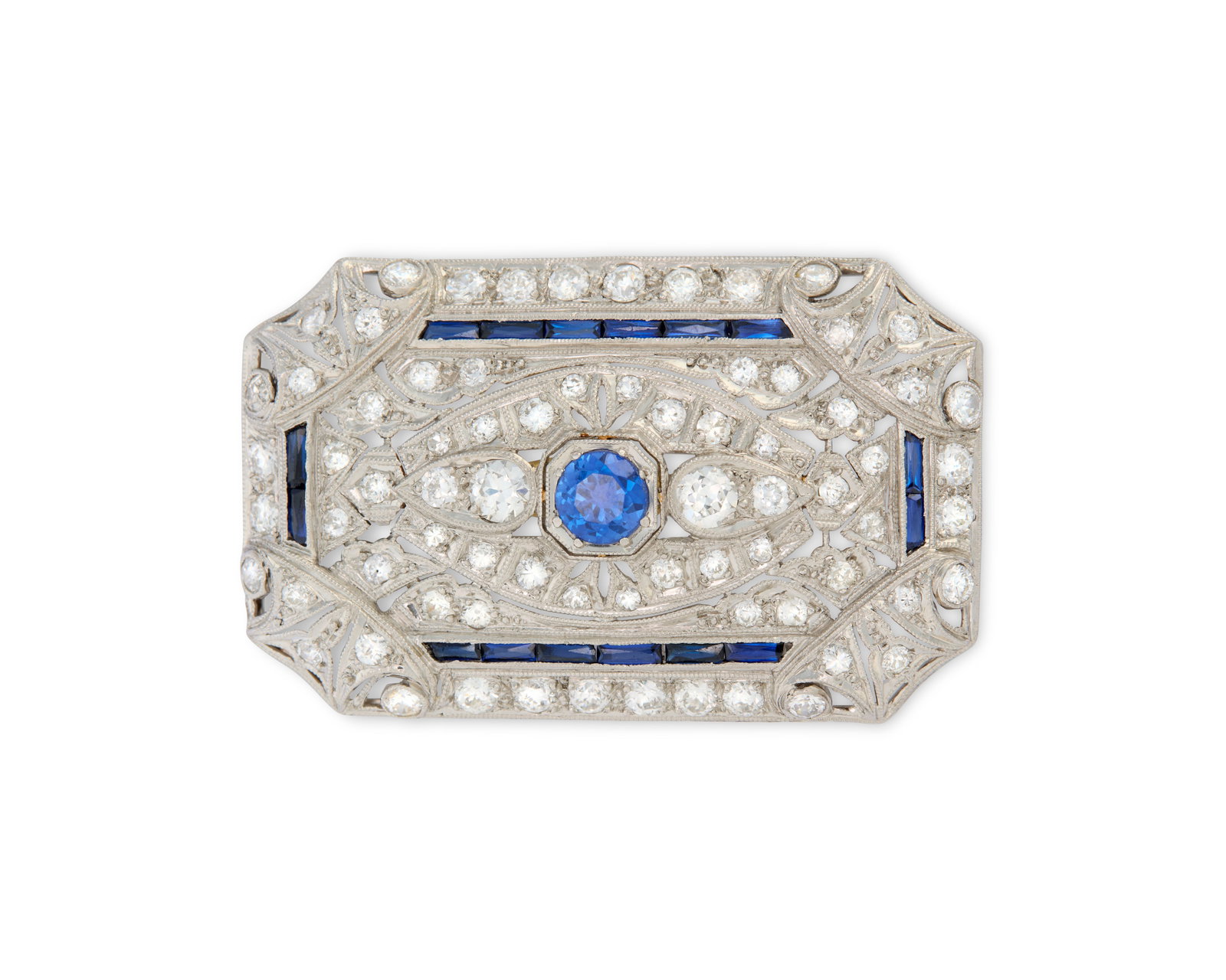 Platinum, Diamond, and Sapphire Brooch: Platinum, Diamond, and Sapphire Brooch the open-work millegrain brooch centering a circle-cut sapphire weighing approx. 0.90 ct. framed by bead-set single- and full-cut diamonds weighing approx. 2.68