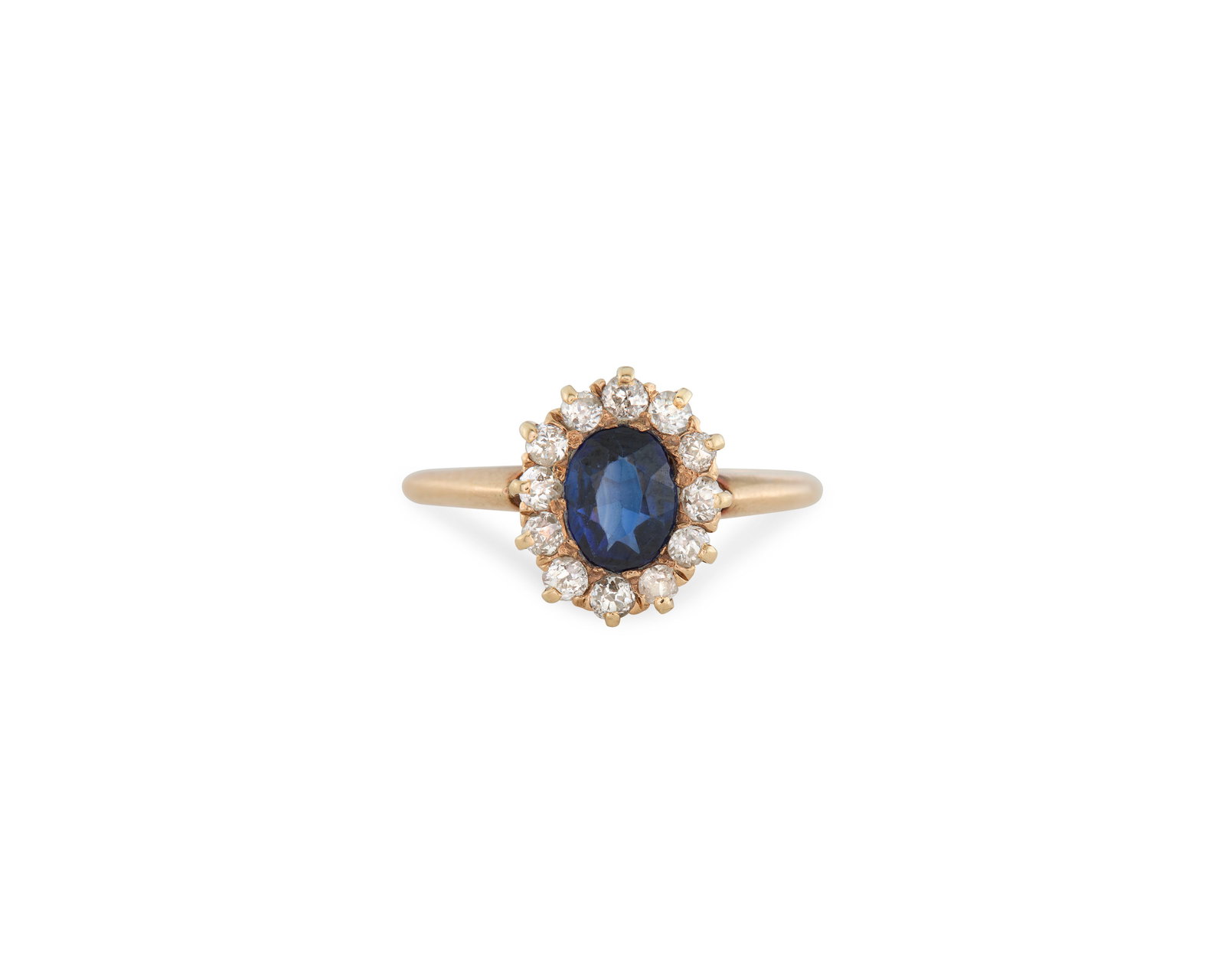 14K Gold, Sapphire, and Diamond Ring: 14K Gold, Sapphire, and Diamond Ring centering an oval-cut sapphire weighing approx. 0.60 ct. framed by single-cut diamonds weighing approx. 0.24 tcw.; 1.21 dwts.; size 5 3/4 Provenance: By descent