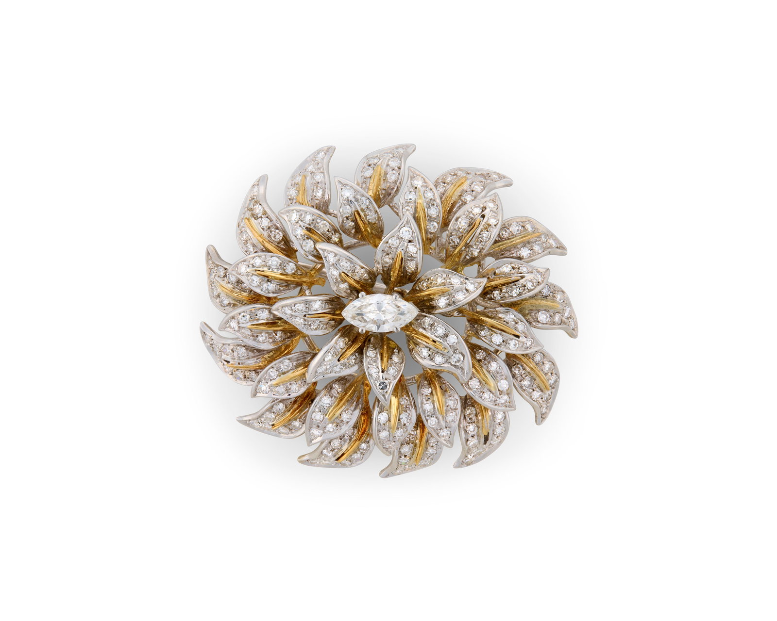 18K Gold and Diamond Brooch: 18K Gold and Diamond Brooch the flower-form brooch centering a marquise-cut diamond weighing approx. 0.50 ct. framed by bicolor gold petals pave-set with full-cut diamonds weighing approx. 2.10 tcw.;