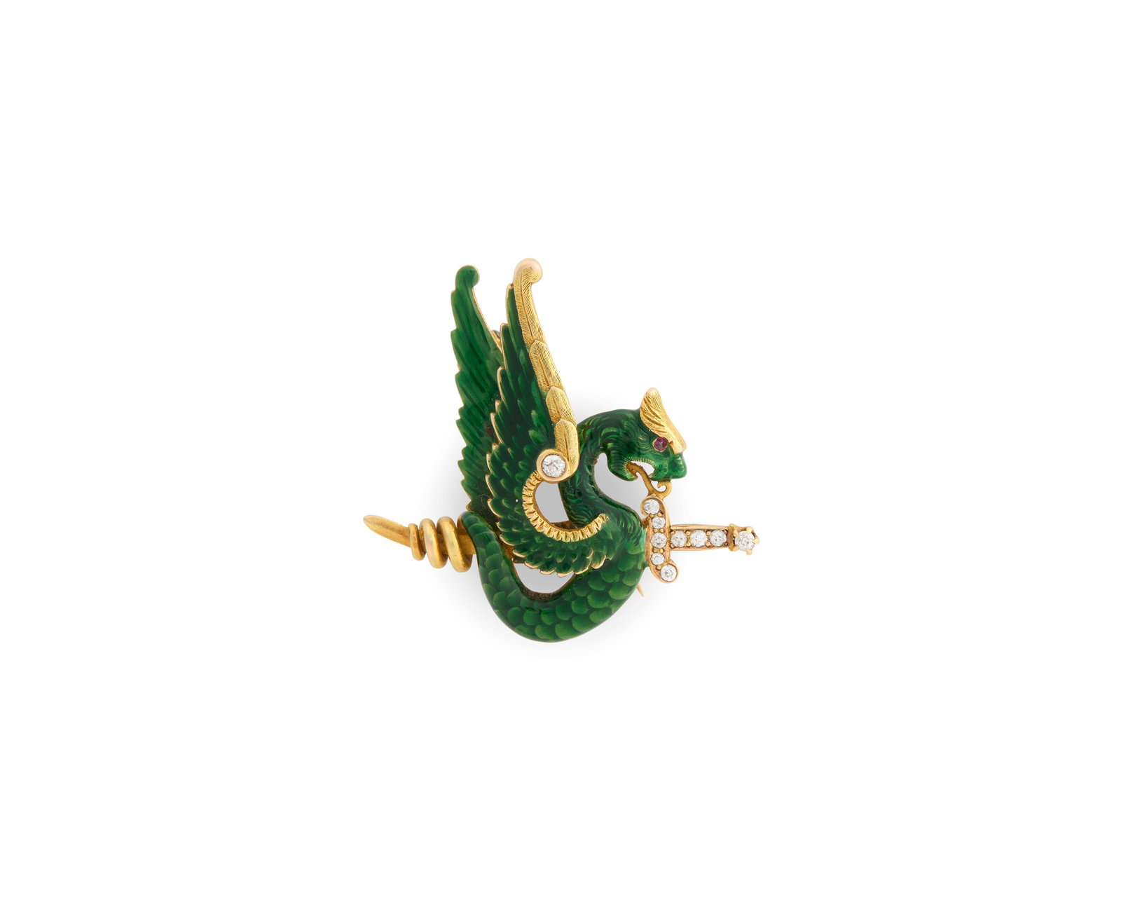 14K Gold, Enamel, and Diamond Dragon Brooch: 14K Gold, Enamel, and Diamond Dragon Brooch the dragon and sword-form brooch of green and red enamel completed by single-cut diamonds weighing approx. 0.23 tcw. in a yellow gold mount; 8.92 dwts.; 1