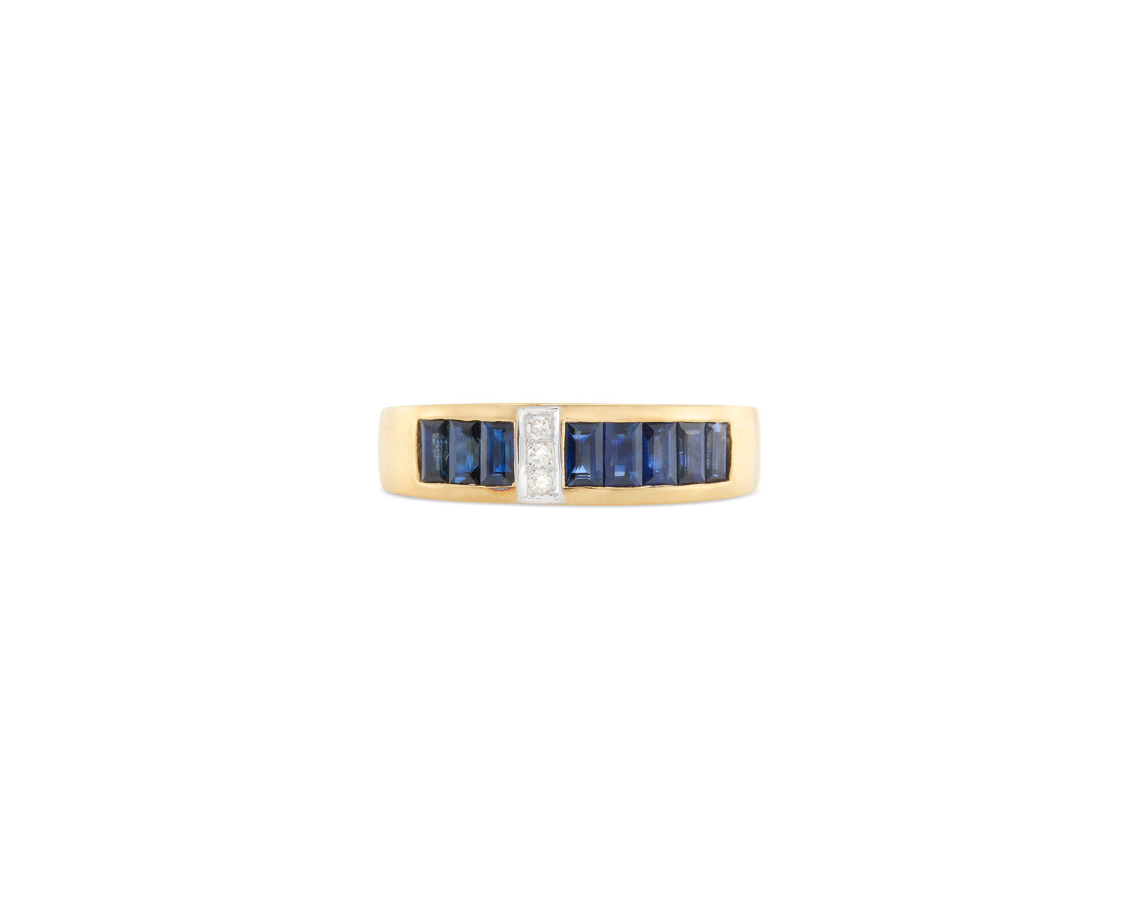 18K Gold, Sapphire, and Diamond Ring: 18K Gold, Sapphire, and Diamond Ring featuring a row of channel-set baguette-cut sapphires separated by three pave-set full-cut diamonds; sapphires weighing approx. 0.80 tcw.; 3.11 dwts.; size 7 1/2