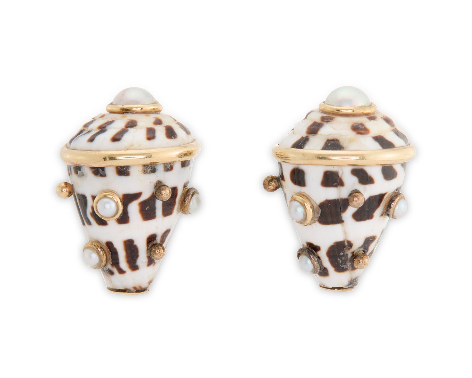 MAZ 14K Gold, Shell, and Cultured Pearl Earclips: MAZ 14K Gold, Shell, and Cultured Pearl Earclips each of leopard cone shell design accented by bezel-set cultured pearls and mounted in yellow gold; signed MAZ; 8.39 dwts.; lg. 1 in.