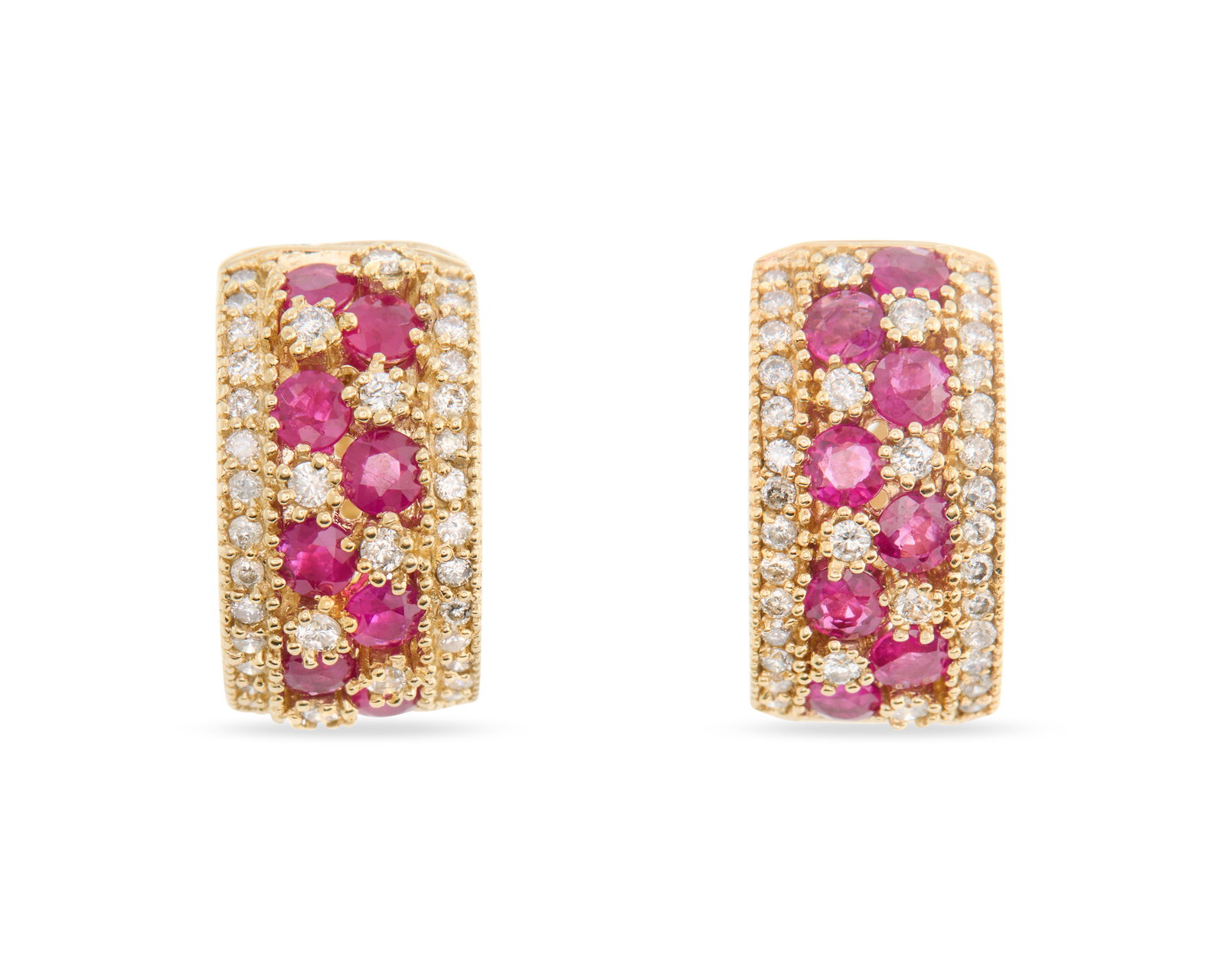 14K Gold, Ruby, and Diamond Earrings: 14K Gold, Ruby, and Diamond Earrings the hoop earrings featuring pave-set circle-cut rubies weighing approx. 0.80 tcw. and full-cut diamonds weighing approx. 0.88 tcw.; maker's mark BH; 6.93 dwts.;