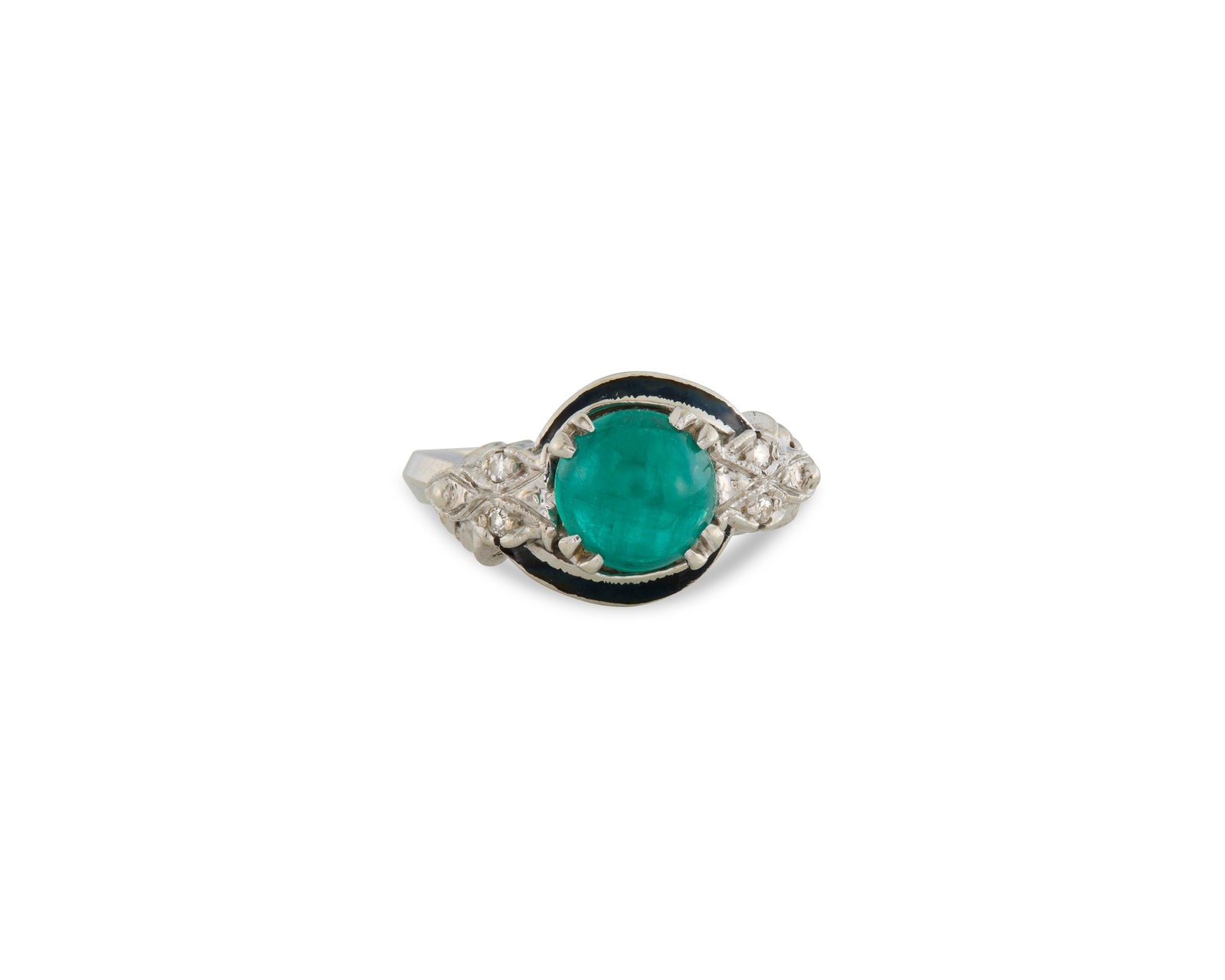 Platinum, Emerald, Diamond, and Enamel Ring: Platinum, Emerald, Diamond, and Enamel Ring centering a round cabochon emerald weighing approx. 1.20 cts. flanked by single-cut diamonds and black enamel detailing; 2.85 dwts.; size 4 3/4 