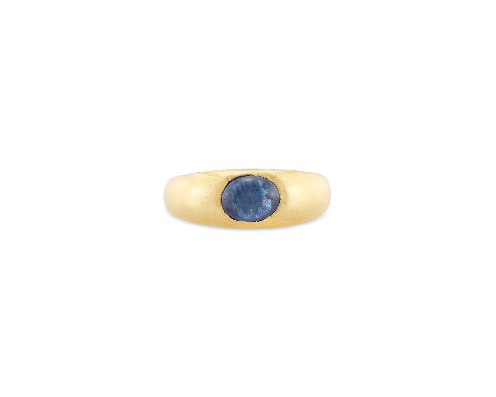 18K Gold and Sapphire Ring: 18K Gold and Sapphire Ring centering a flush-set oval cabochon sapphire weighing approx. 0.50 ct. in a polished yellow gold mount; 3.67 dwts.; size 7 1/2