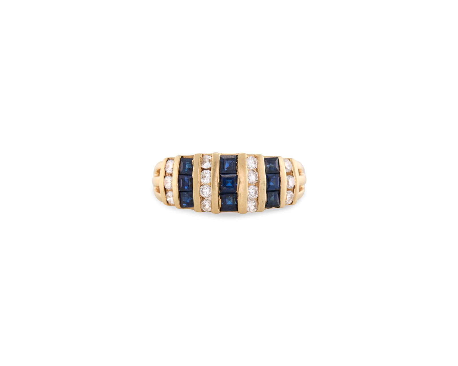 14K Gold, Sapphire, and Diamond Ring: 14K Gold, Sapphire, and Diamond Ring featuring seven rows of alternating channel-set step-cut sapphires weighing approx. 0.45 tcw. and full-cut diamonds weighing approx. 0.28 tcw.; 2.16 dwts.; size 4