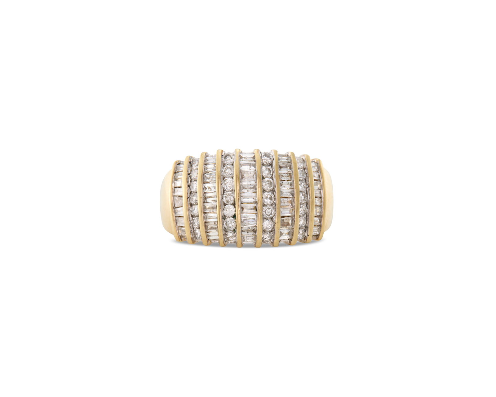 10K Gold and Diamond Ring: 10K Gold and Diamond Ring featuring nine rows of alternating channel-set baguette- and full-cut diamonds weighing approx. 1.10 tcw. in a polished yellow gold mount; 3.22 dwts.; size 7 1/2