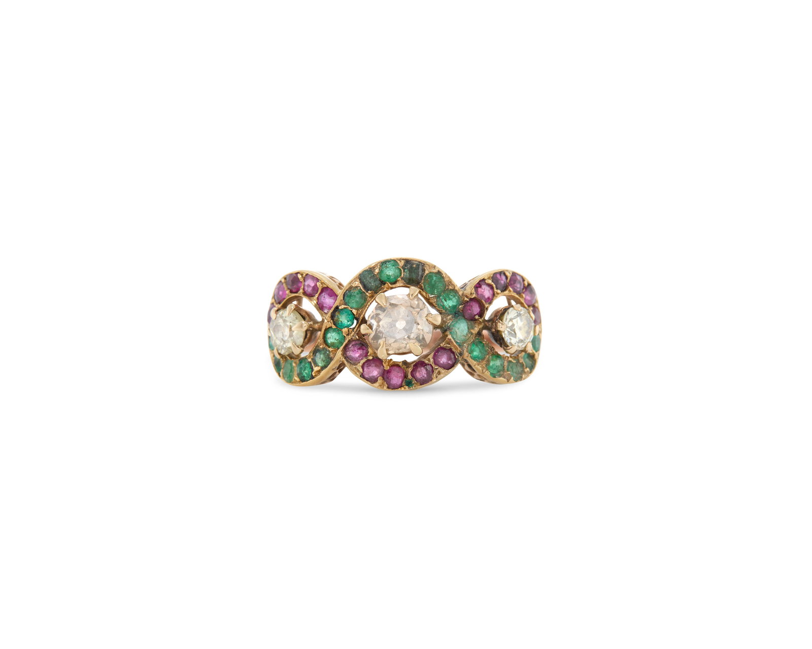 14K Gold, Diamond, and Gemset Ring: 14K Gold, Diamond, and Gemset Ring centering three old mine-cut diamonds weighing approx. 0.75 tcw. framed by circle-cut emeralds and spinels; 2.43 dwts.; size 6 1/2 Provenance: By descent to the