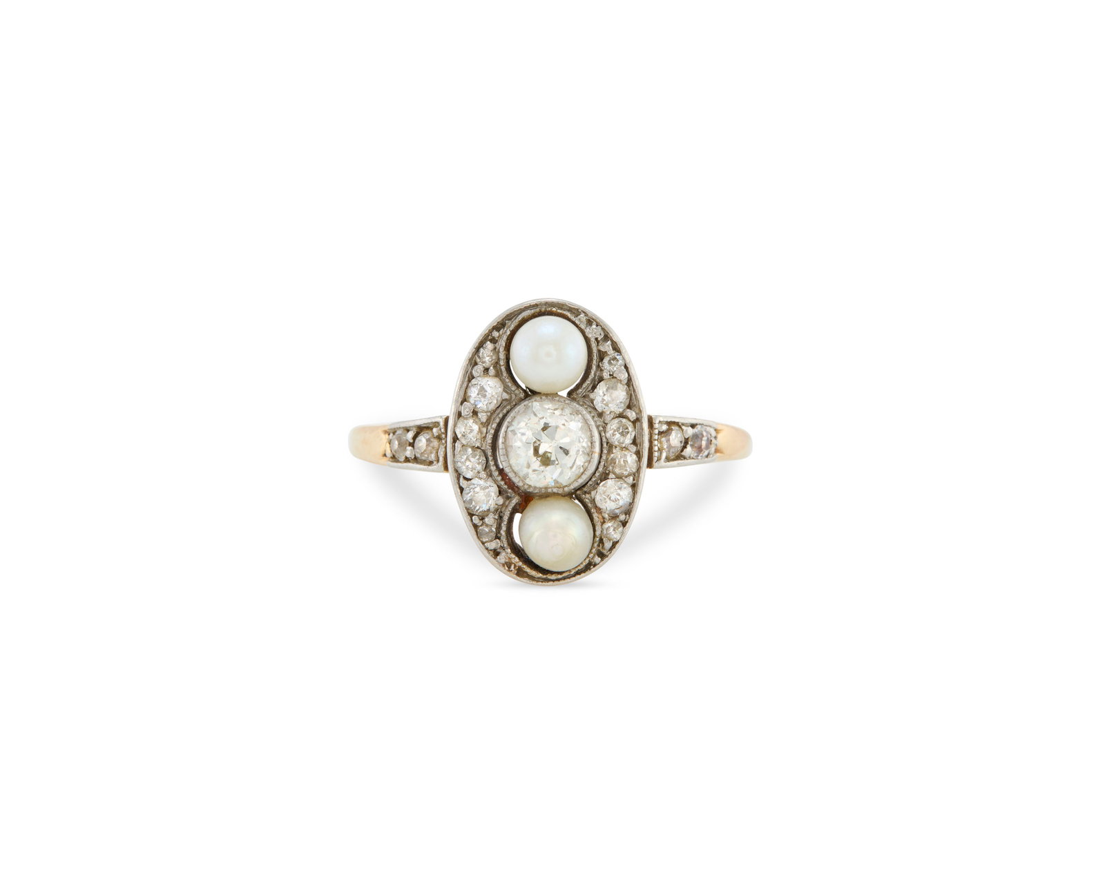 Platinum-Topped-Gold, Diamond, and Pearl Ring: Platinum-Topped-Gold, Diamond, and Pearl Ring Edwardian; centering a bezel-set old European-cut diamond weighing approx. 0.30 ct. framed by two near-round pearls measuring approx. 3.4-3.6 mm. and set