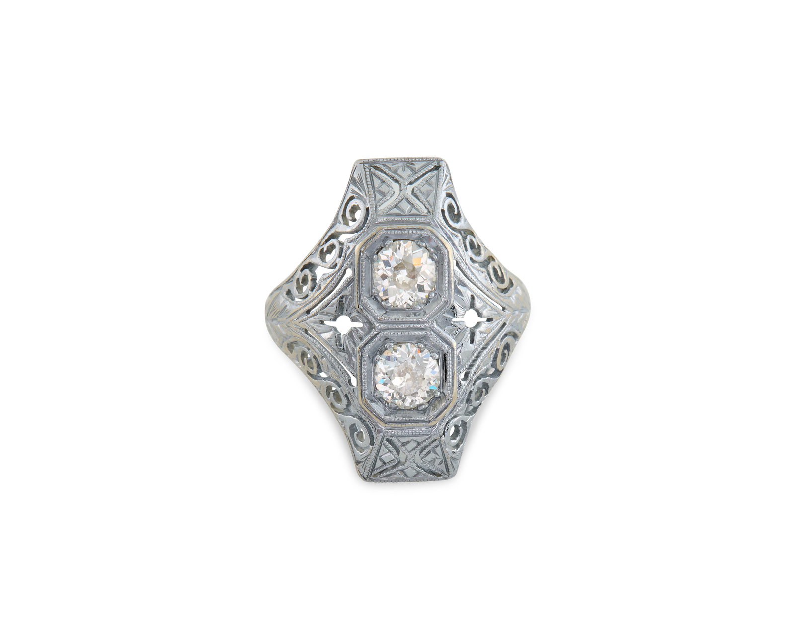 Platinum and Diamond Ring: Platinum and Diamond Ringthe open-work ring centering two old European-cut diamonds weighing approx. 0.66 tcw.;1.89 dwts.; size 2 1/2Provenance: By descent in a North Shore, Massachusetts family.