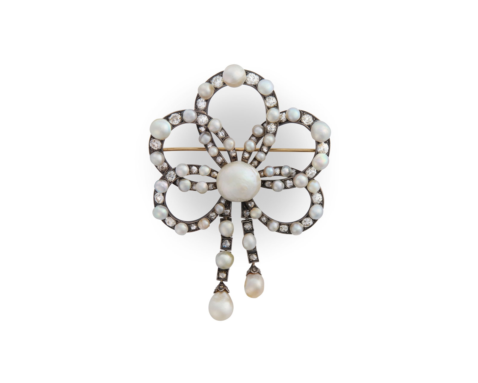 Silver-Topped-Gold, Diamond, and Cultured Pearl Brooch: Silver-Topped-Gold, Diamond, and Cultured Pearl Brooch the bow-form brooch set throughout with alternating old mine-cut diamonds and semi-baroque cultured pearls; center pearl measuring approx. 12 x