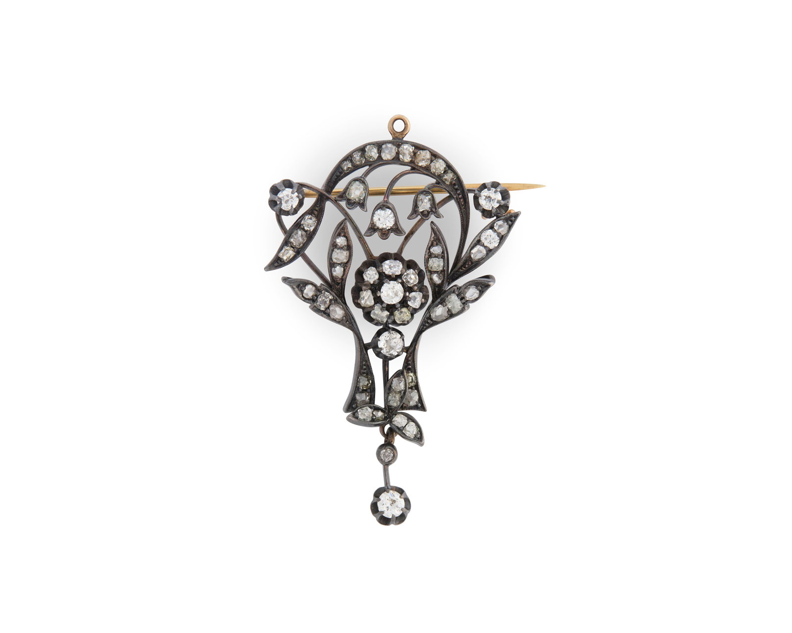 Antique Silver-Topped-Gold and Diamond Brooch: Antique Silver-Topped-Gold and Diamond Brooch the leaf- and flower-form brooch set throughout with rose- and old mine-cut diamonds weighing approx. 1.44 tcw.; maker's mark on clasp; 8.67 dwts.; 2 x 1