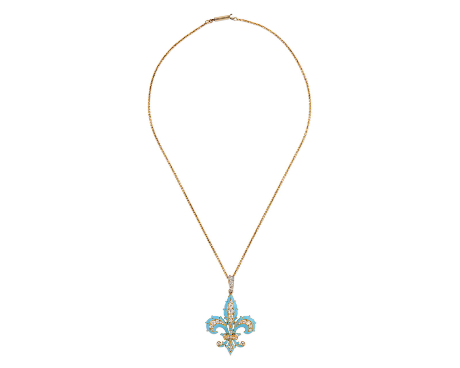 14K Gold, Diamond, and Enamel Pendant/Brooch Necklace: 14K Gold, Diamond, and Enamel Pendant/Brooch Necklace the fleur-de-lis pendant/brooch featuring light blue enamel decoration completed by bead-set old mine-cut diamonds weighing approx. 1.28 tcw.