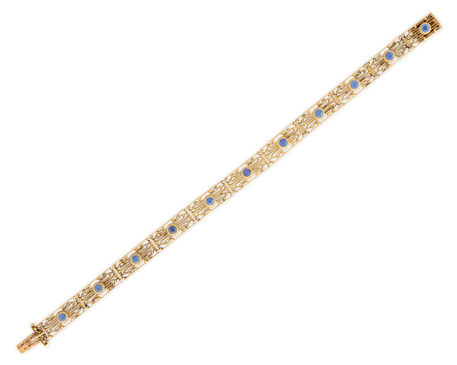 14K Gold and Sapphire Bracelet: 14K Gold and Sapphire Braceletfeaturing open-work yellow gold links bezel-set with circle-cut sapphires weighing approx. 0.88 tcw.; 5.31 dwts.; lg. 7 1/4 in.