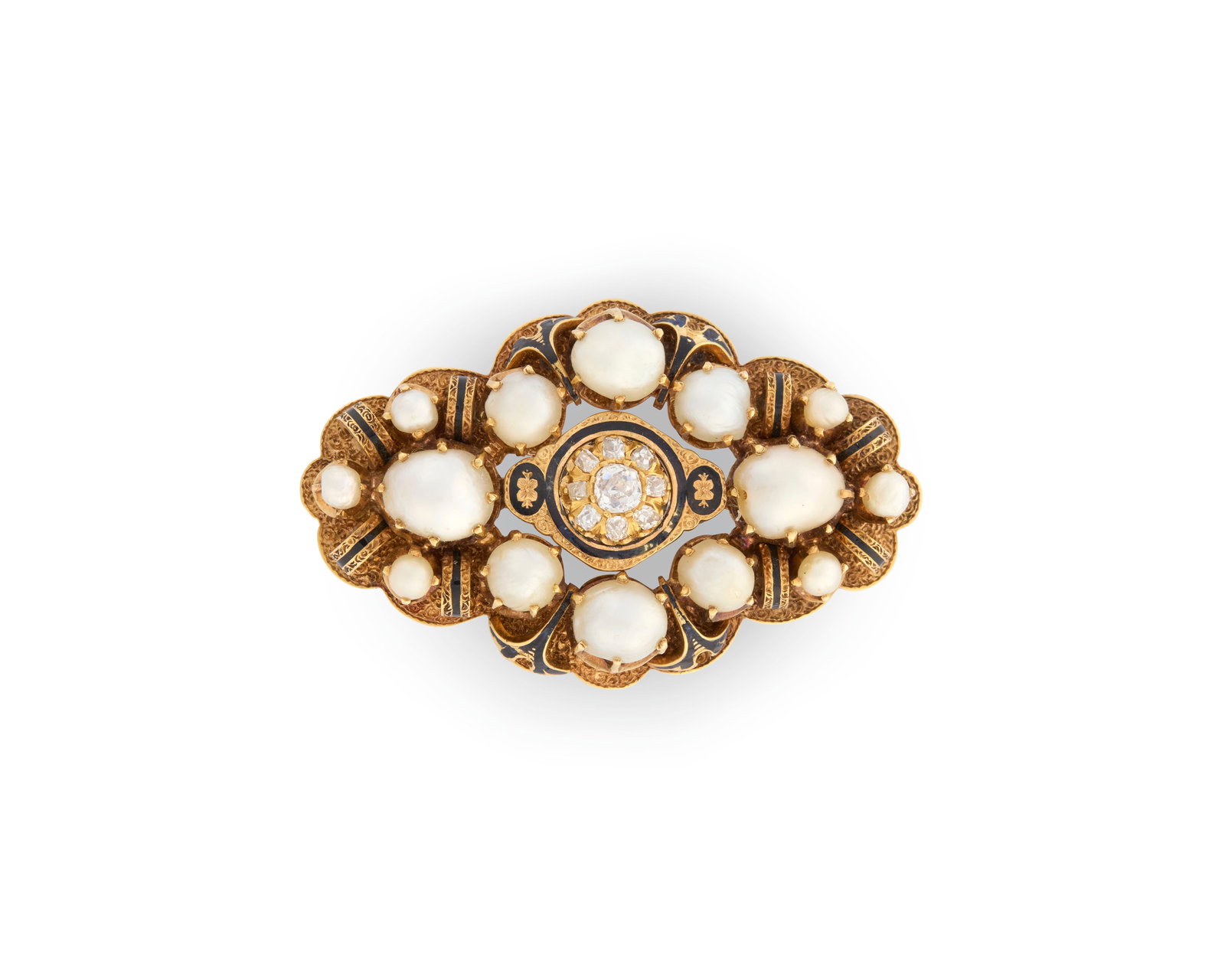14K Gold, Cultured Pearl, Diamond, and Enamel Brooch (1 of 3)