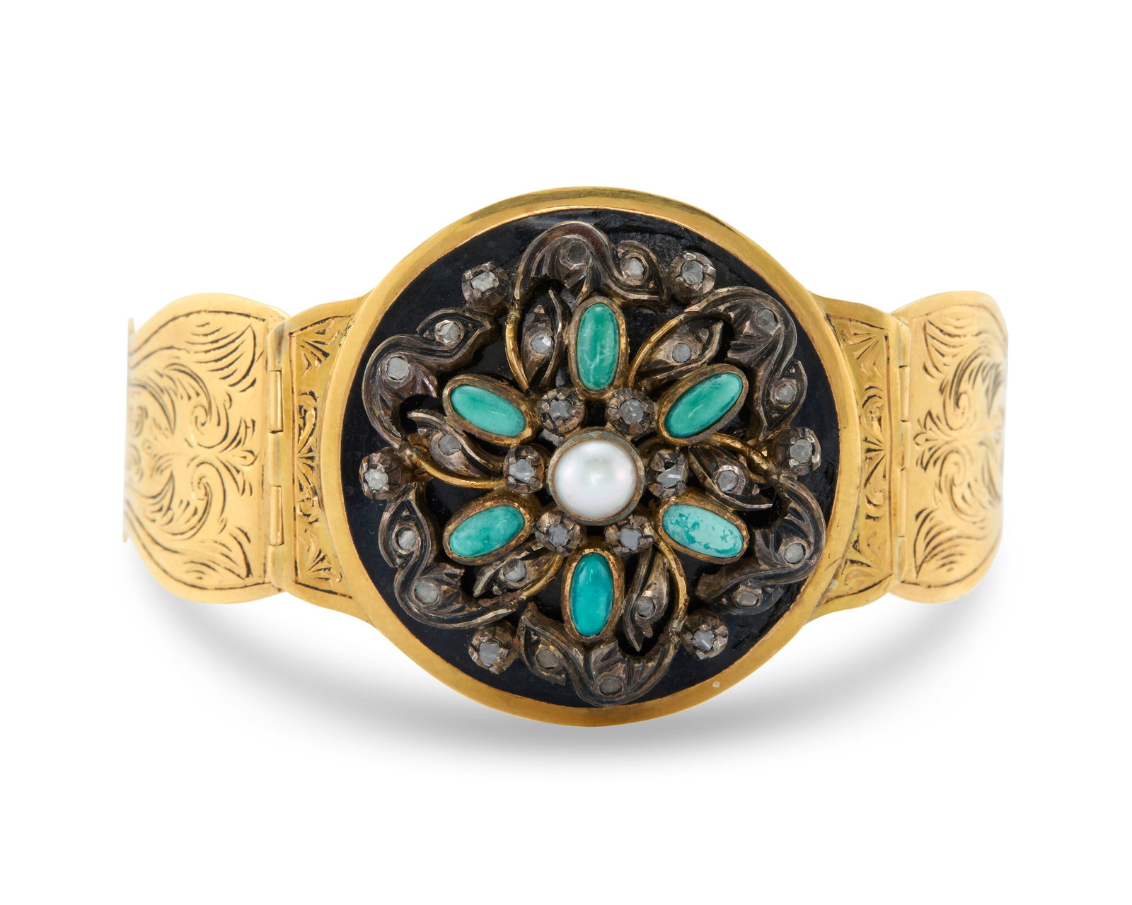 18K Gold, Diamond, Turquoise, Cultured Pearl, and Enamel Bracelet: 18K Gold, Diamond, Turquoise, Cultured Pearl, and Enamel Braceletthe belt-form bracelet centering a circular plaque of black enamel surmounted by a floral-form of turquoise beads and rose-cut diamonds