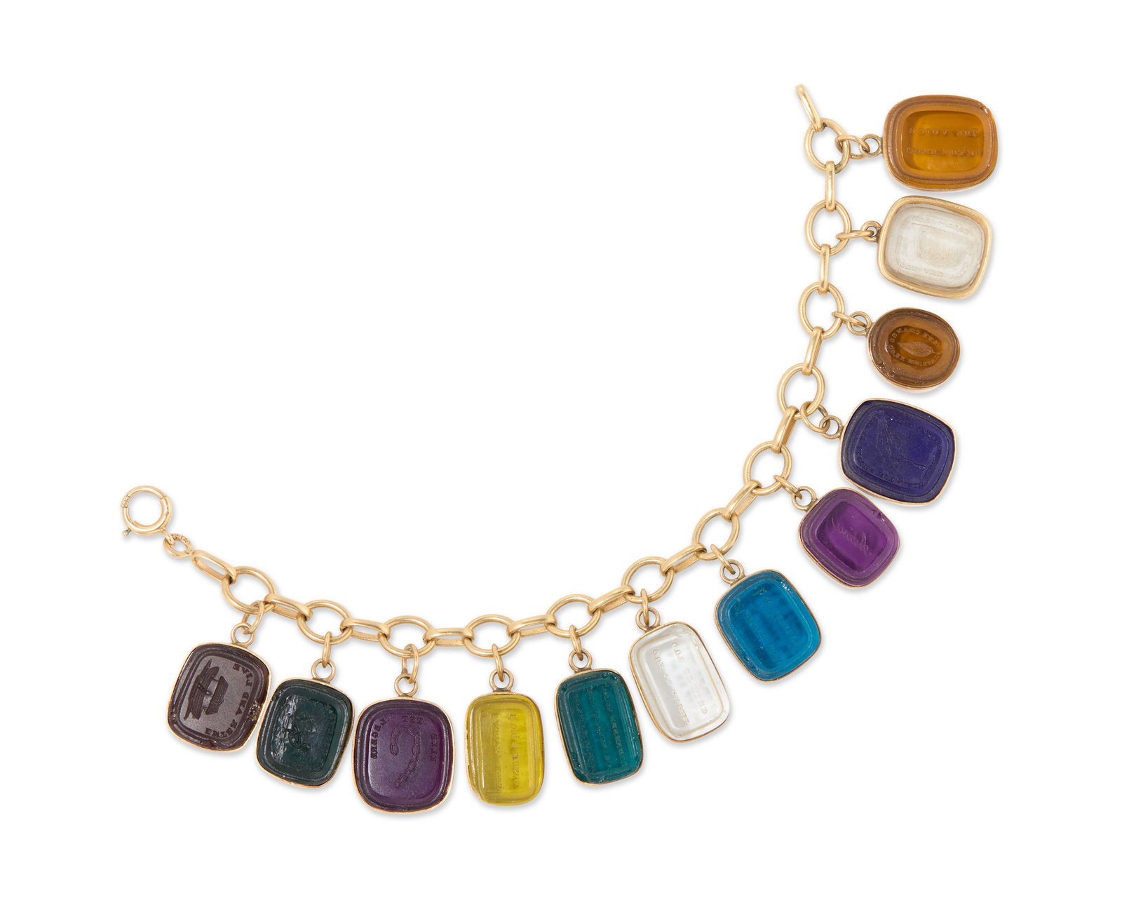 14K Gold and Carved Venetian Glass Charm Bracelet: 14K Gold and Carved Venetian Glass Charm Braceletthe yellow gold oval-link bracelet suspending cushion-shaped Venetian glass charms with inscriptions; 66.34 dwts.; lg. 6 1/2 in.; with five additional