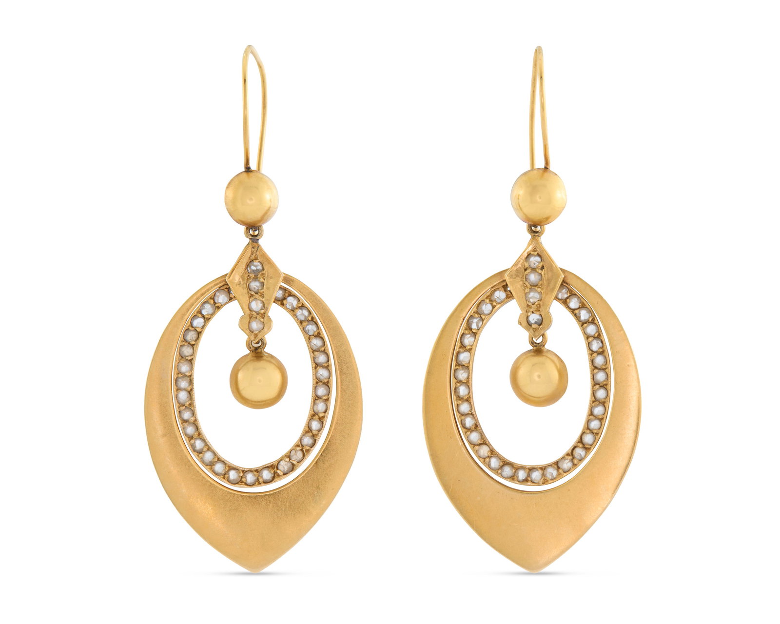 14K Gold and Diamond Earrings: 14K Gold and Diamond Earrings the pendant leaf-form earrings featuring bead-set rose-cut diamonds weighing approx. 0.92 tcw.; 6.12 dwts.; lg. 2 3/8 in.