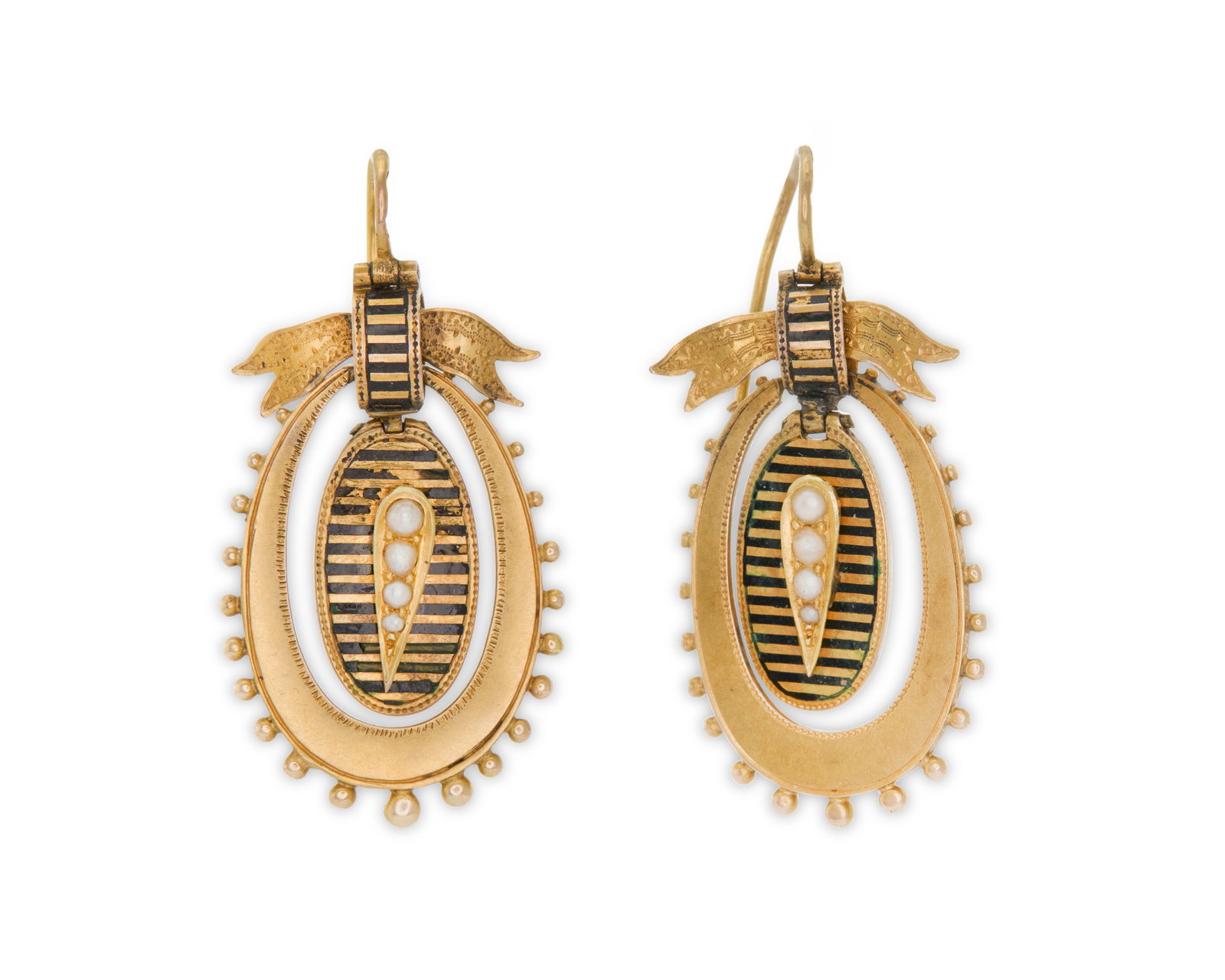 14K Gold, Enamel, and Seed Pearl Earrings: 14K Gold, Enamel, and Seed Pearl Earrings the pendant-form earrings featuring black enamel geometric design and seed pearls; 5.81 dwts.; lg. 1 5/8 in.