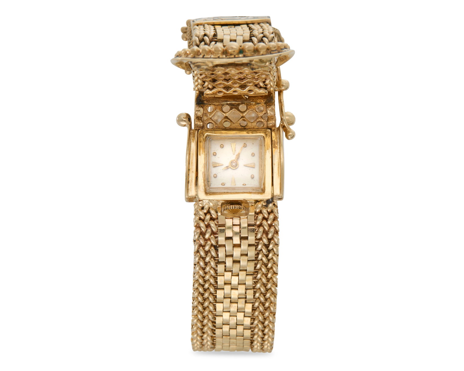 14K Gold and Enamel Covered Wristwatch: 14K Gold and Enamel Covered Wristwatch the bracelet of brick-links featuring a belt-buckle and tassel design accented by black enamel, enclosing a manual-wind wristwatch; case wd. 19 mm.; 39.33