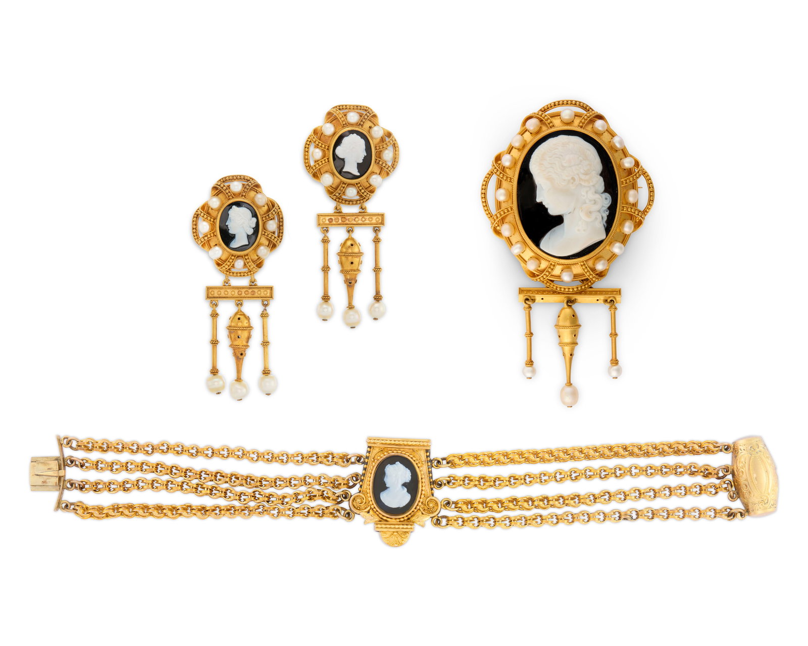 Antique Gold, Cameo, and Cultured Pearl Demi-Parure (1 of 2)