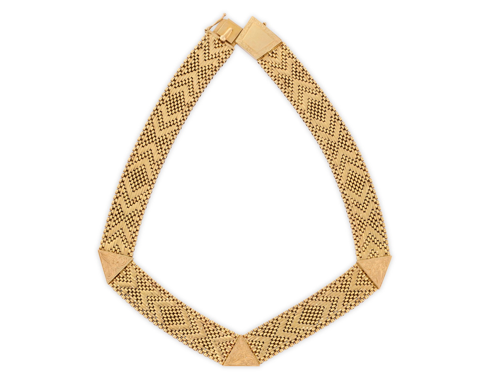 14K Gold Necklace: 14K Gold Necklace of geometric mesh-links accented by engraved triangle stations; 47.53 dwts.; lg. 14 1/2 in.