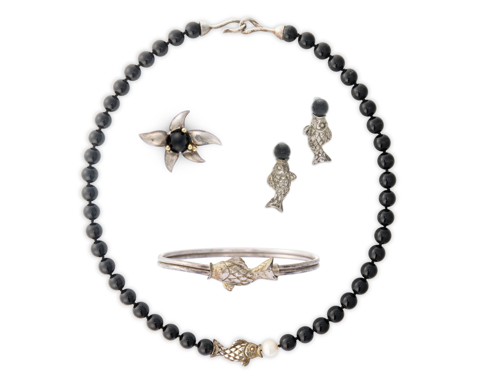 TIFFANY & CO. Silver, Onyx, and Cultured Pearl Suite: TIFFANY & CO. Silver, Onyx, and Cultured Pearl Suite comprising a necklace, bracelet, earrings, and brooch; the necklace featuring polished onyx beads measuring approx. 8.0 mm. centering a silver