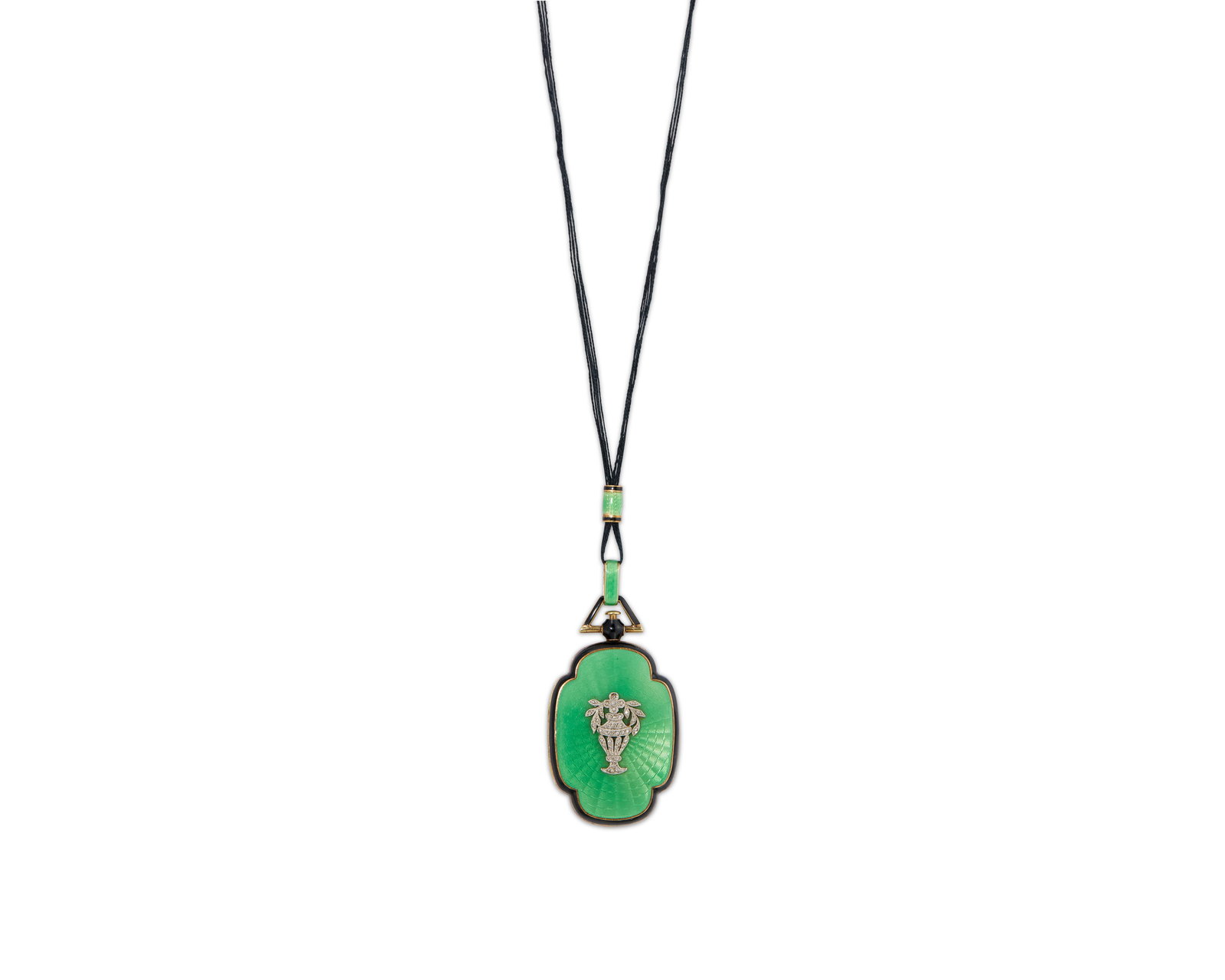 14K Gold, Enamel, and Diamond Locket: 14K Gold, Enamel, and Diamond Locket the shield-form locket featuring green guilloch? enamel surmounted by a vase-formed plaque set with rose-cut diamonds all framed by black enamel suspended from a